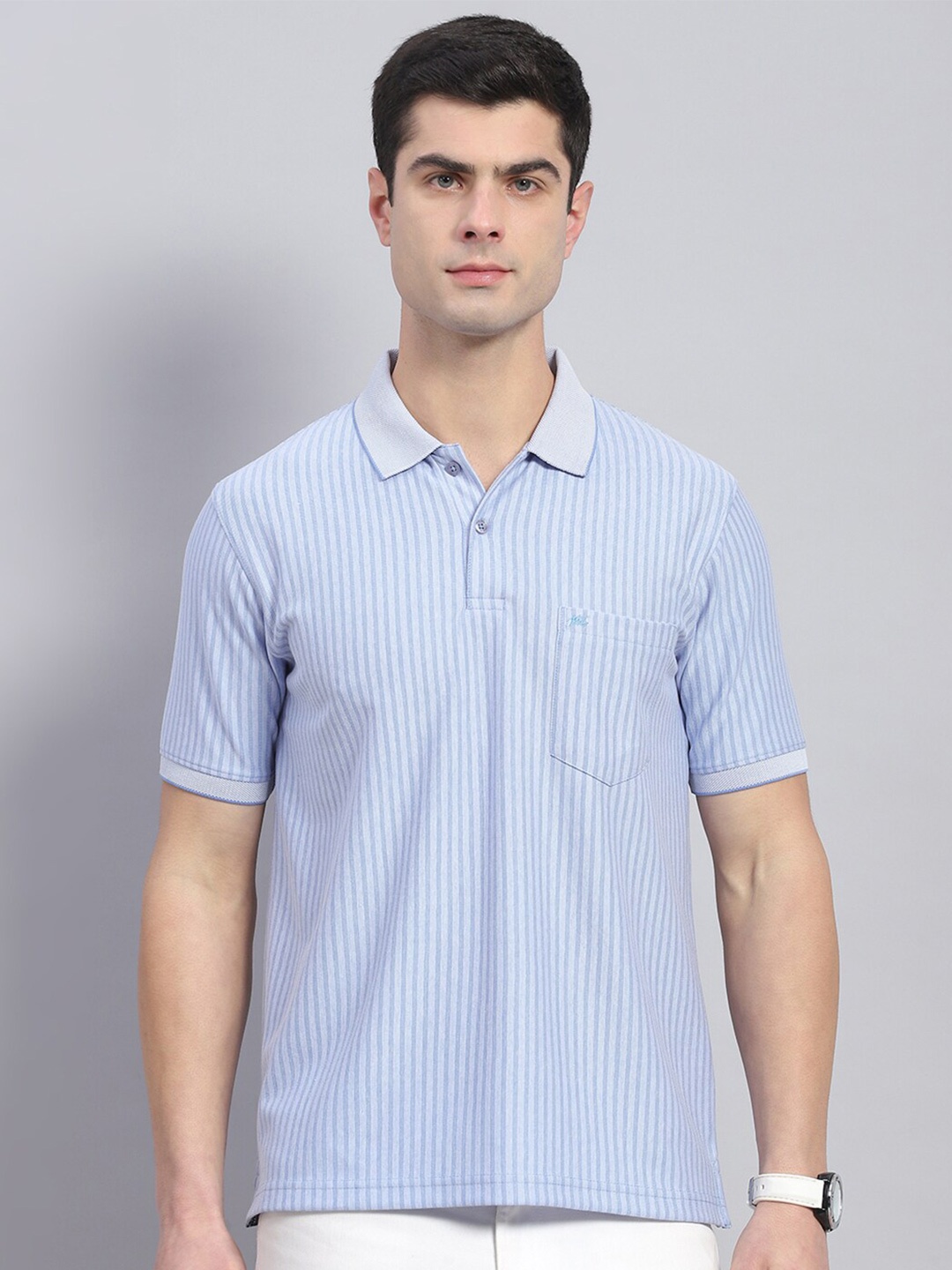 

Monte Carlo Striped Polo Collar Cotton T-shirt, Blue