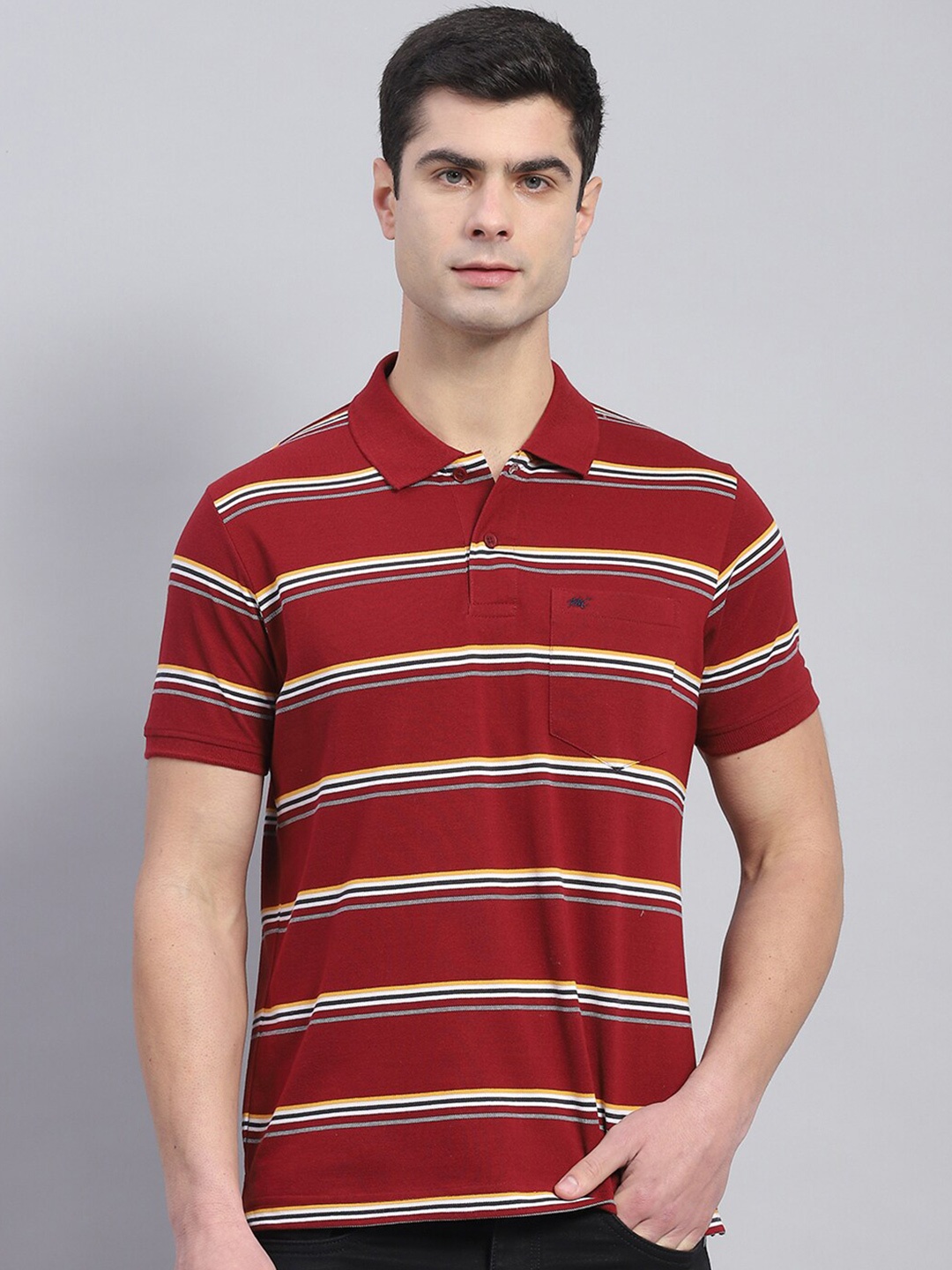 

Monte Carlo Striped Polo Collar Cotton T-shirt, Maroon