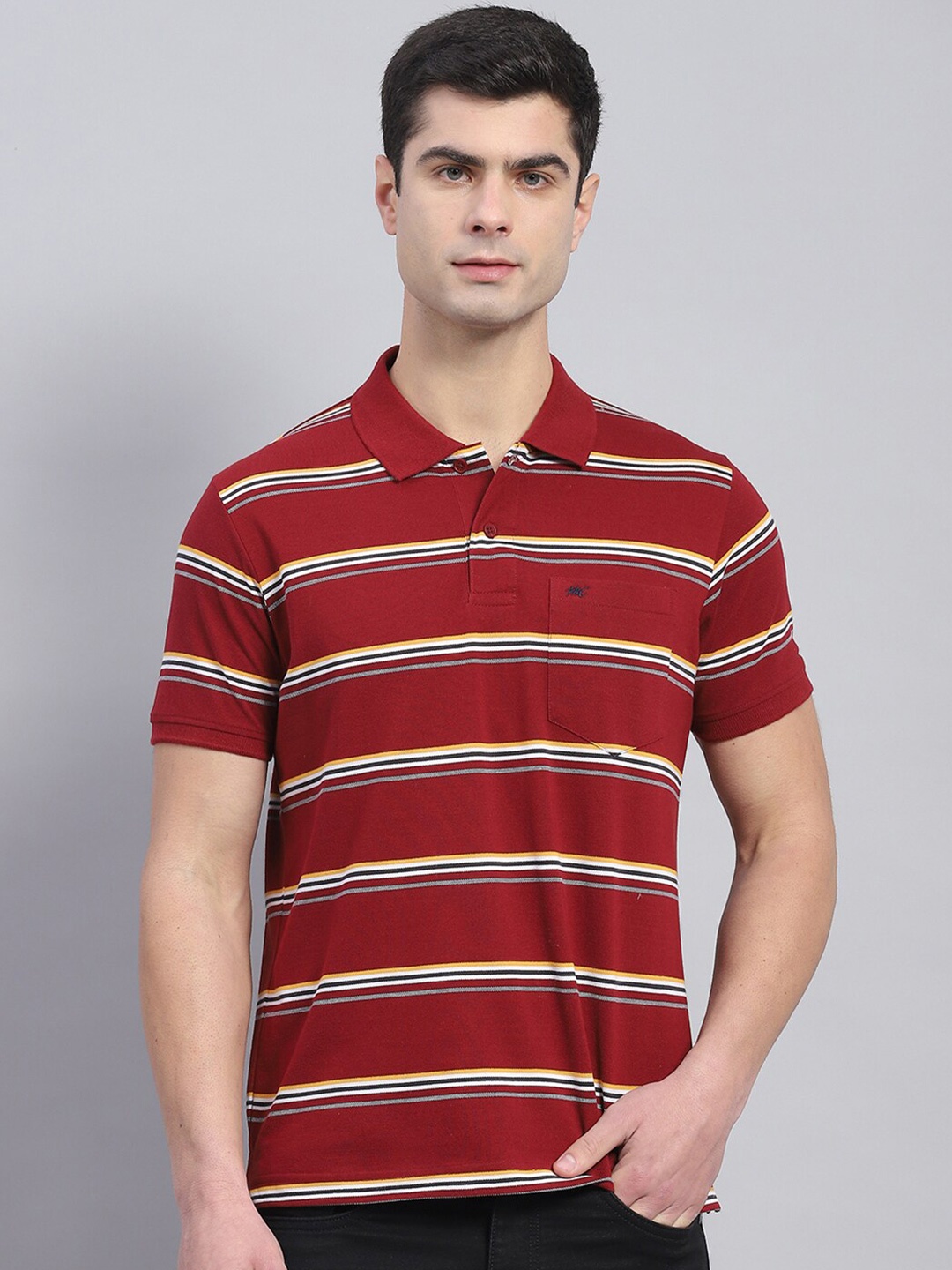 

Monte Carlo Striped Polo Collar Cotton T-shirt, Maroon