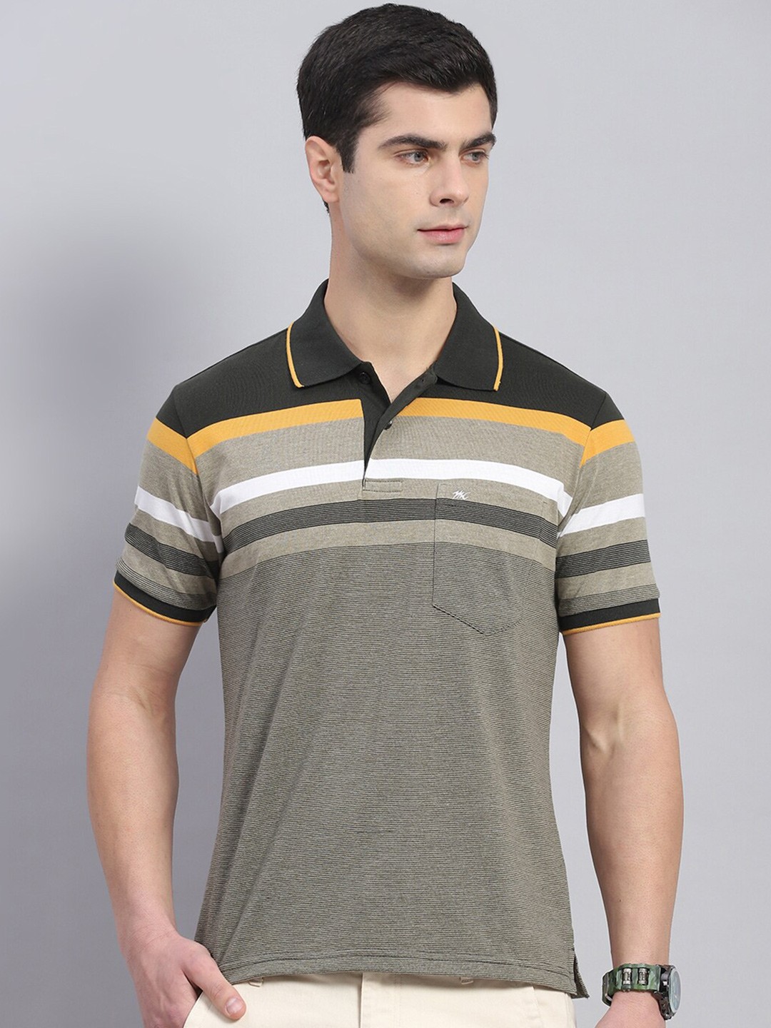 

Monte Carlo Striped Polo Collar Cotton T-shirt, Olive