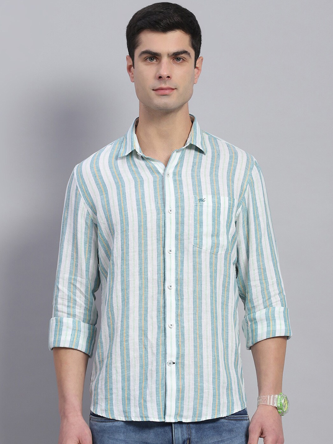 

Monte Carlo Classic Opaque Striped Linen Casual Shirt, Green