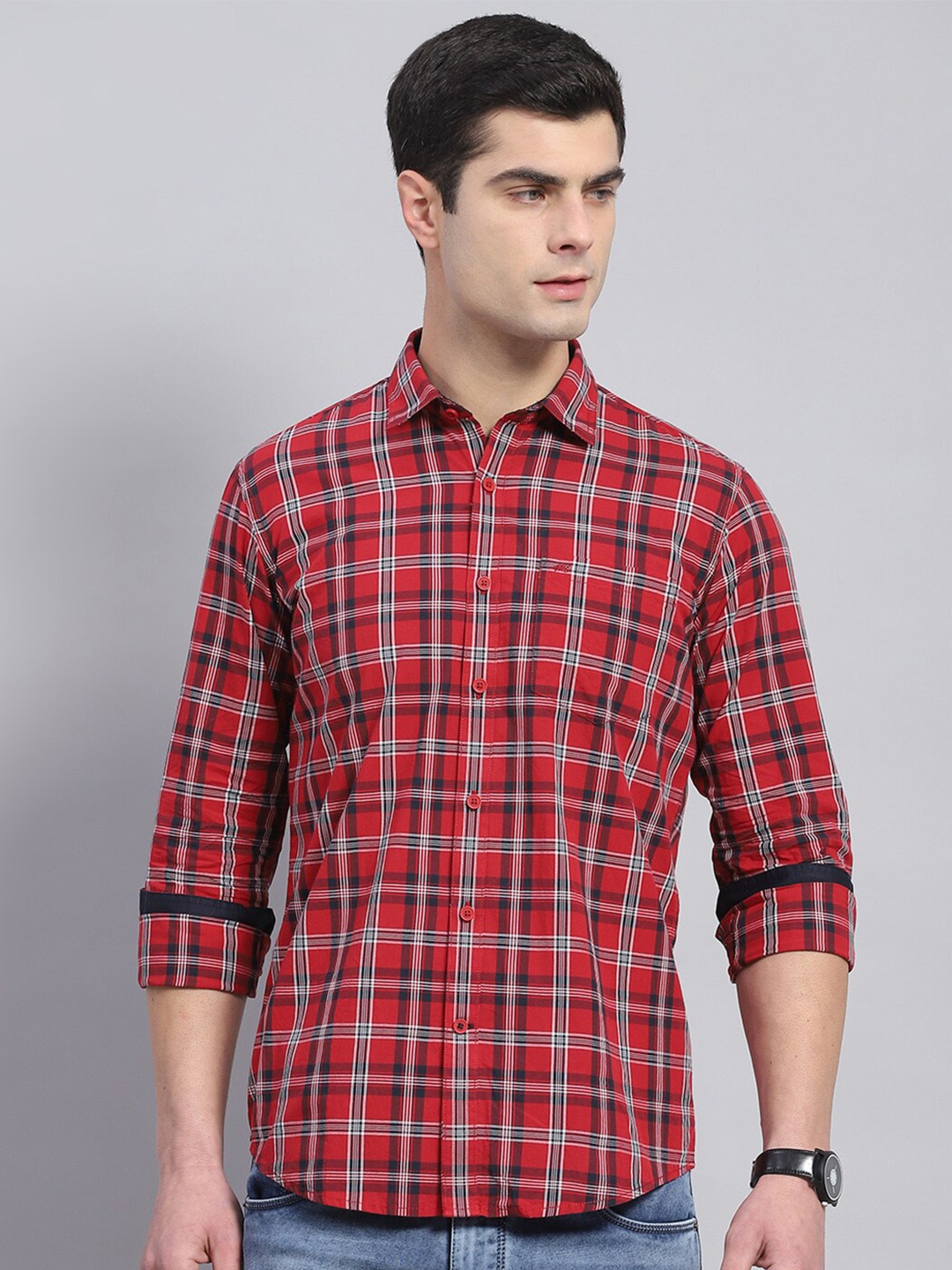 

Monte Carlo Classic Tartan Checks Opaque Cotton Casual Shirt, Red