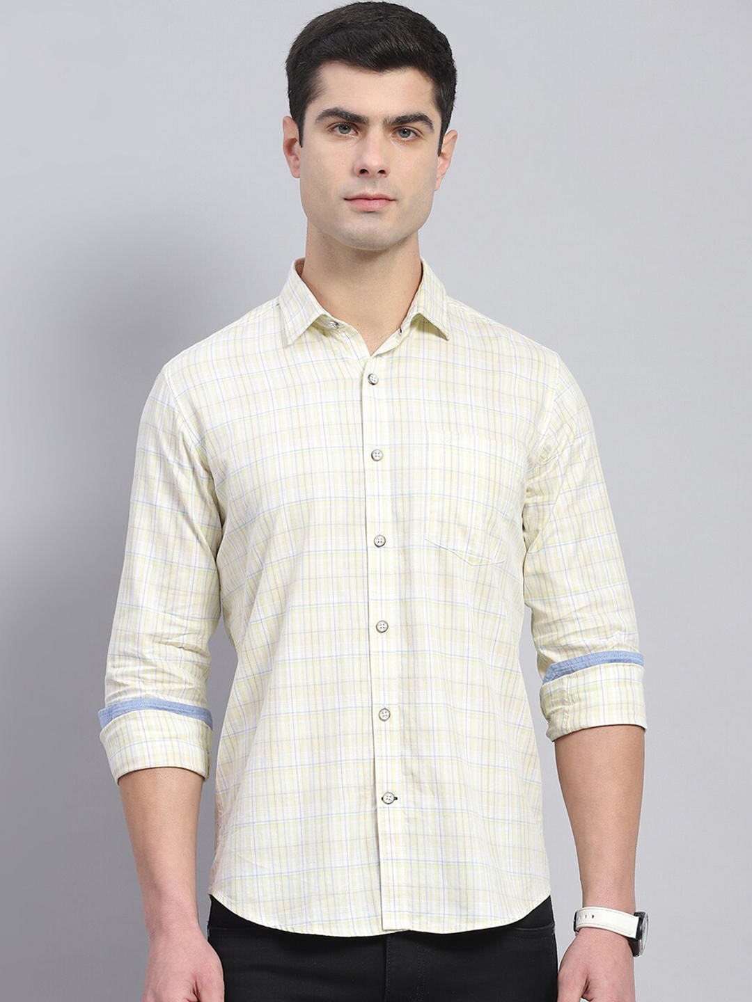 

Monte Carlo Classic Tartan Checks Opaque Cotton Casual Shirt, Cream