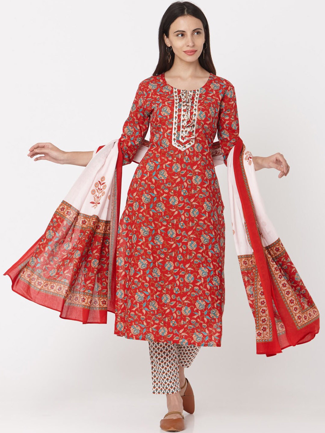 

Saanjh Round Neck Floral Printed Regular Kurta with Trousers & With Dupatta, Red