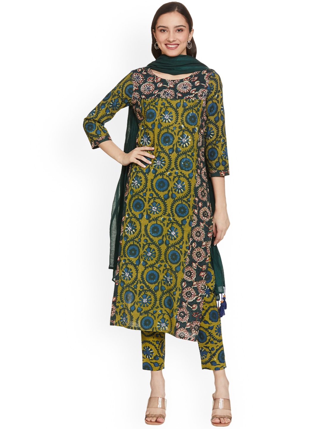 

Saanjh Ethnic Motifs Printed Regular Kurta With Trousers & Dupatta, Green