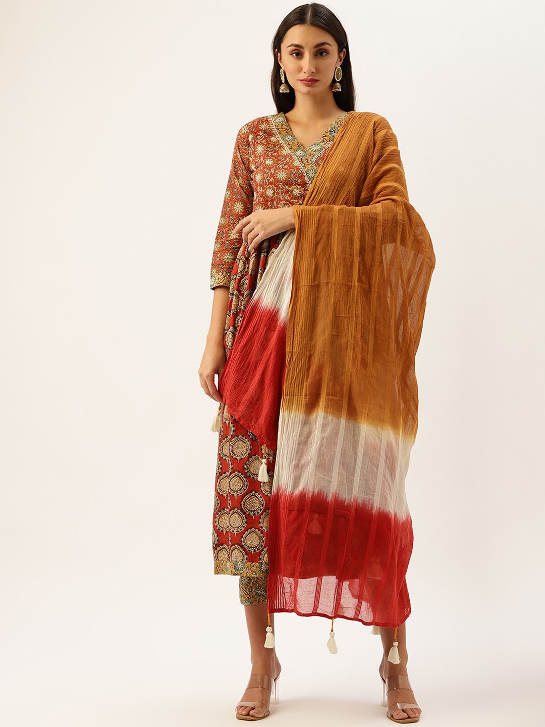 

Saanjh Floral Printed Angrakha Kurta With Trousers & Dupatta, Rust