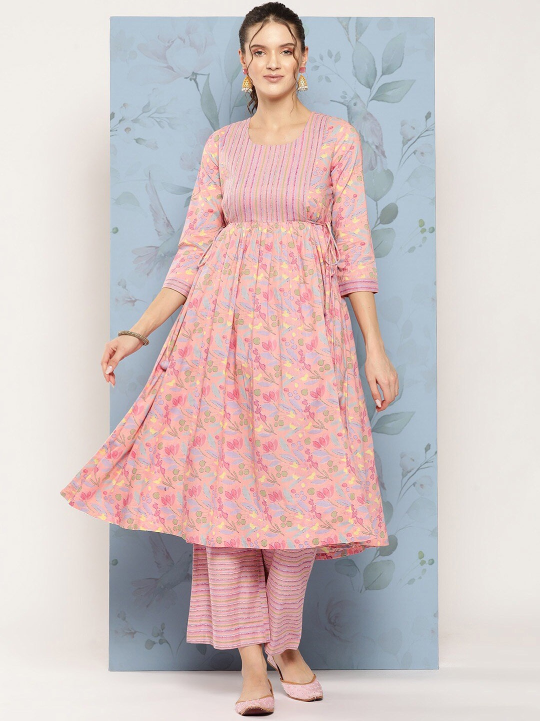 

Saanjh Floral Printed Empire Kurta With Palazzos, Pink