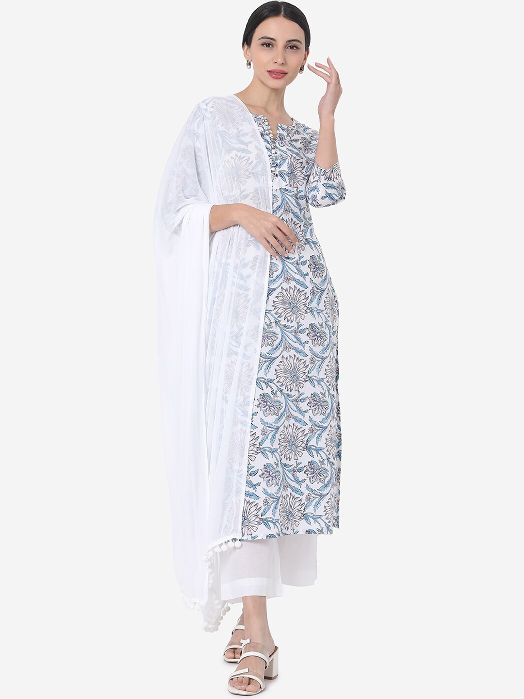 

Saanjh Round Neck Floral Printed Regular Kurta with Trousers & With Dupatta, White