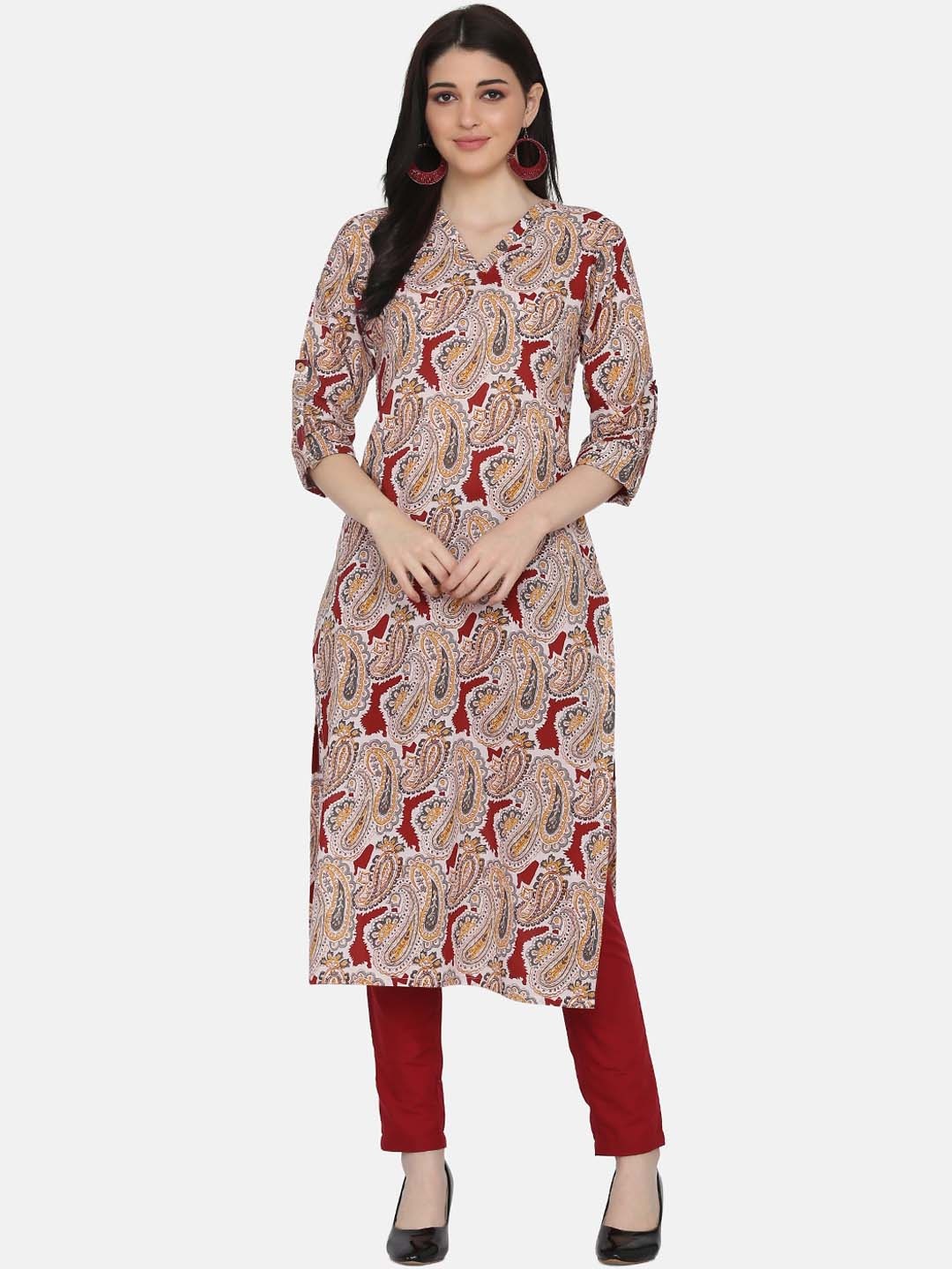 

Saanjh Maroon Paisley Printed V-Neck Straight Kurta with Trousers, White