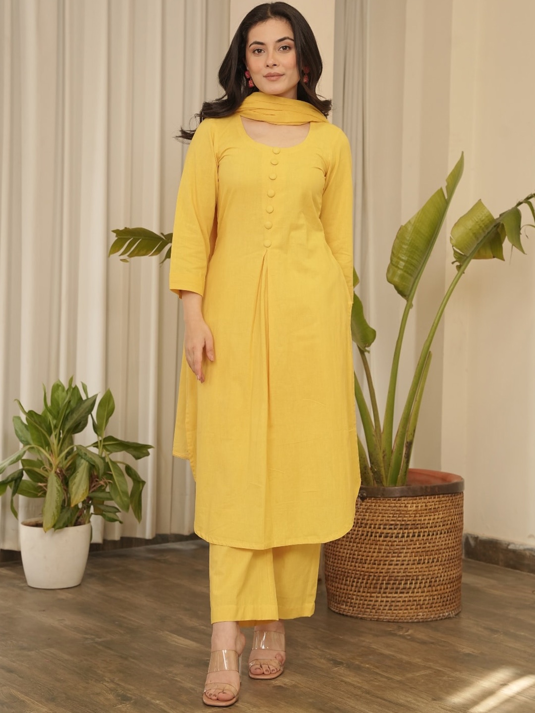 

OneWe Pleated Pure Cotton Kurta with Trousers & With Dupatta, Yellow