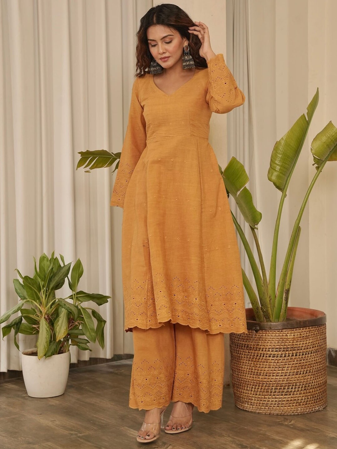 

OneWe Ethnic Motifs Embroidered Pure Cotton Anarkali Kurta with Trousers, Yellow