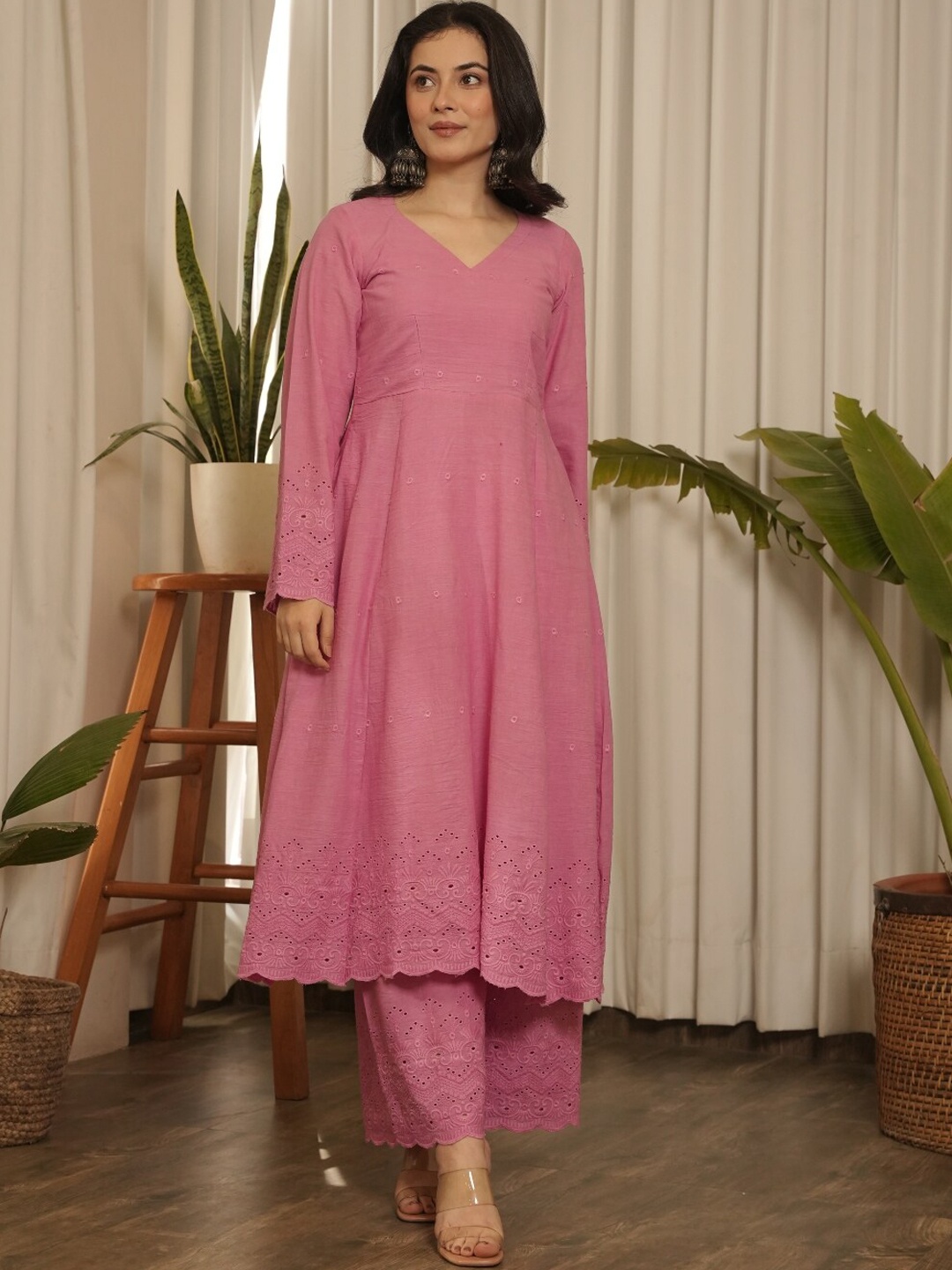 

OneWe Self Design Pure Cotton Anarkali Kurta with Trousers, Pink