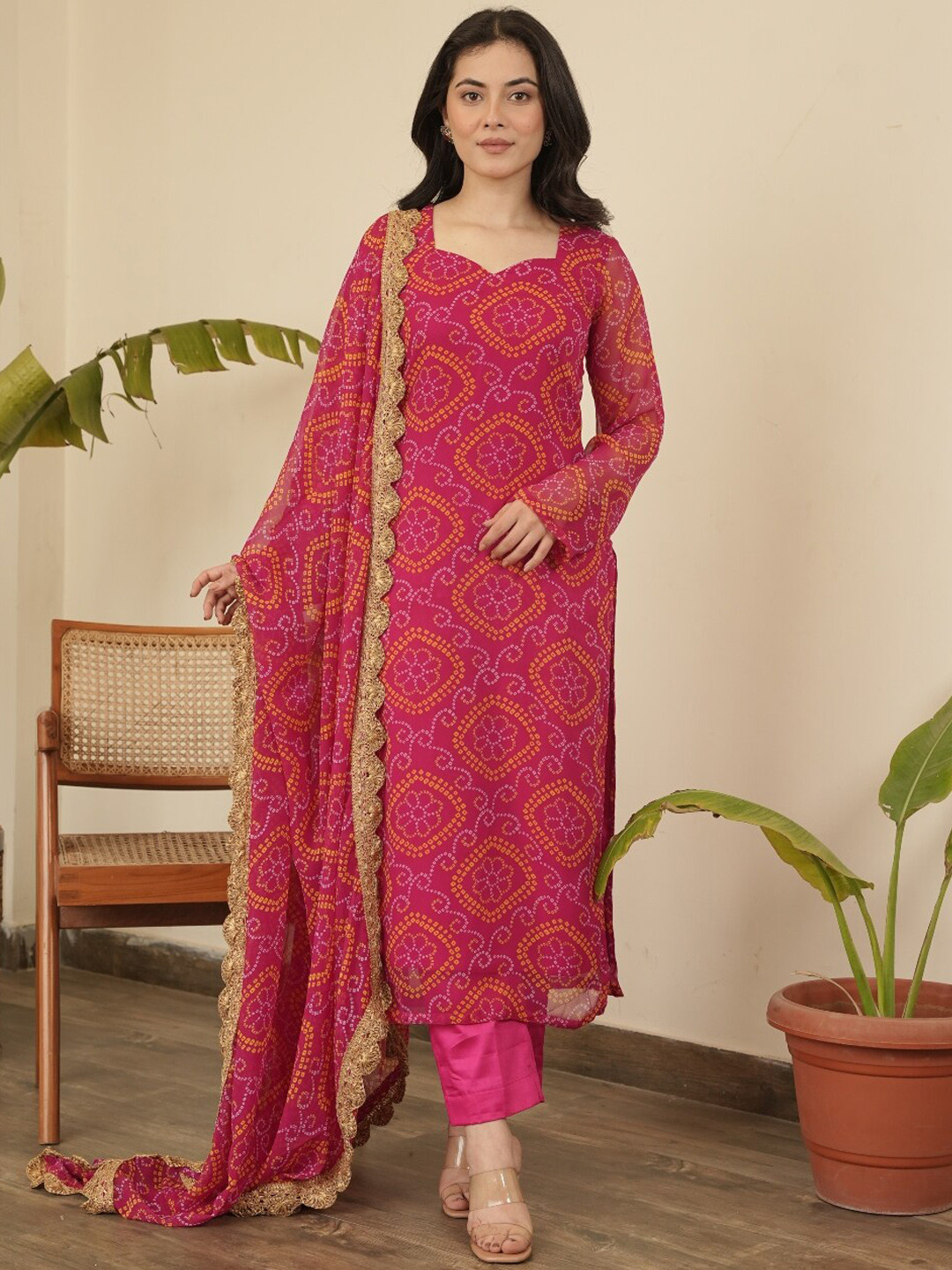 

OneWe Bandhani Printed Regular Kurta With Trousers & Dupatta, Pink