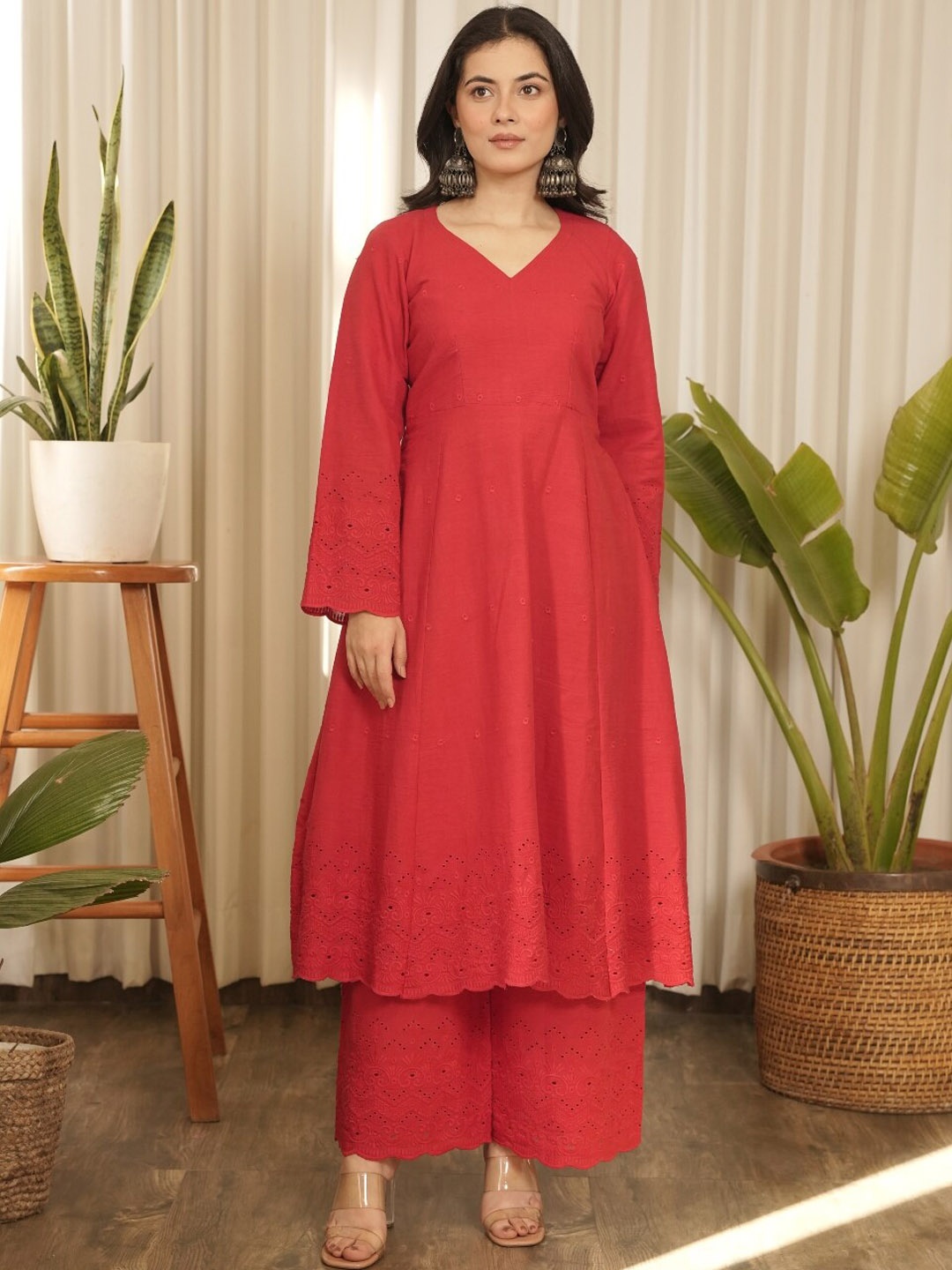 

OneWe Ethnic Motifs Self Design Pure Cotton Anarkali Kurta with Trousers, Red