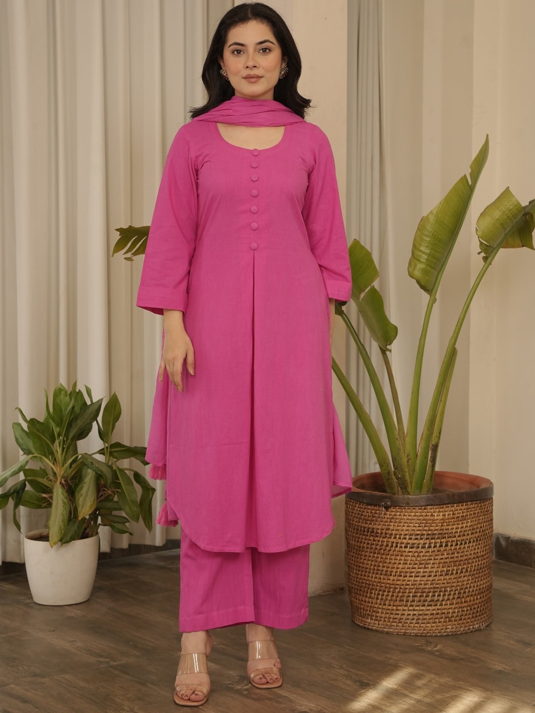 

OneWe Pleated Pure Cotton Kurta With Trousers & Dupatta, Pink