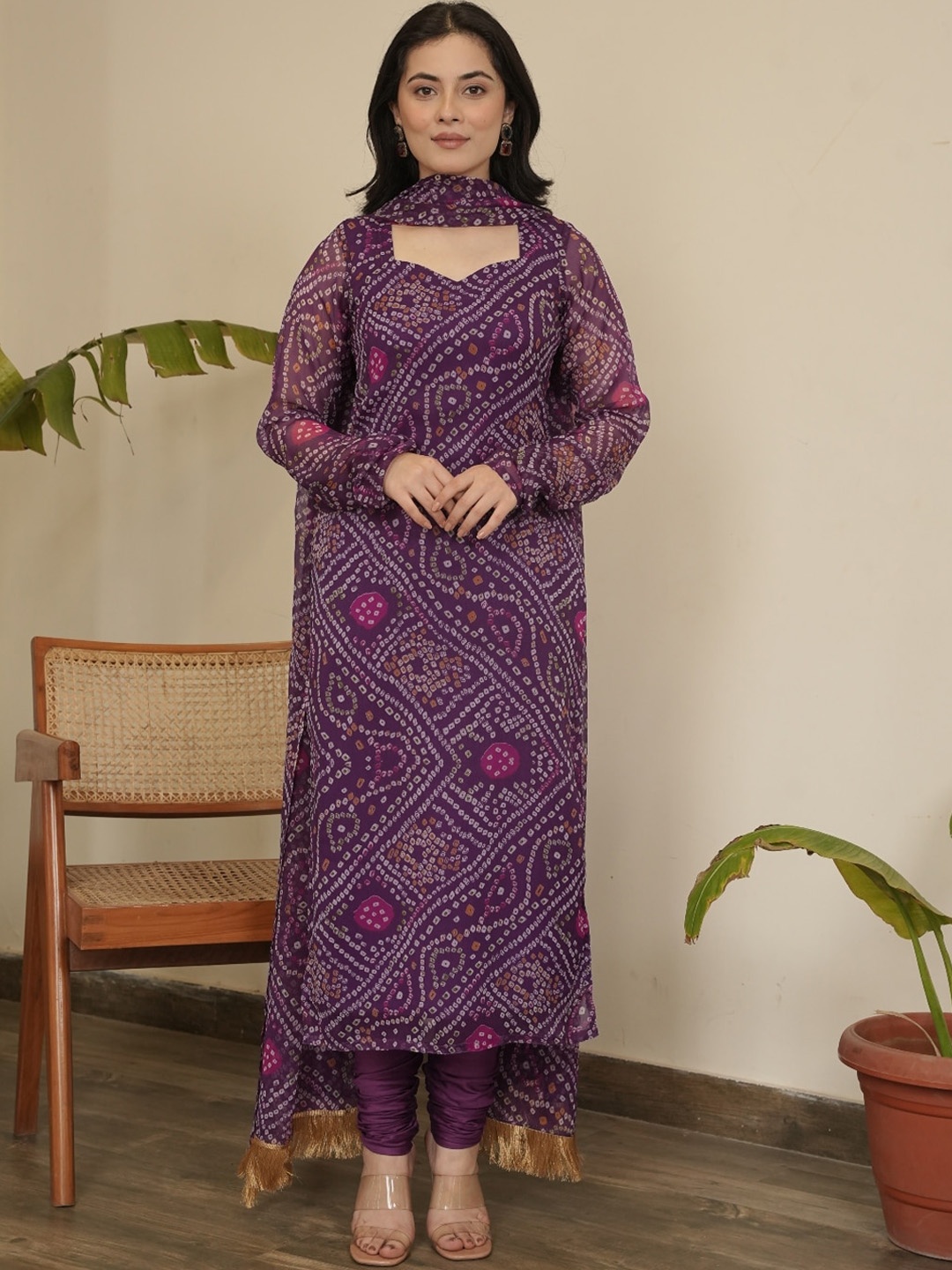 

OneWe Bandhani Printed Regular Silk Chiffon Kurta With Churidar & Dupatta, Purple