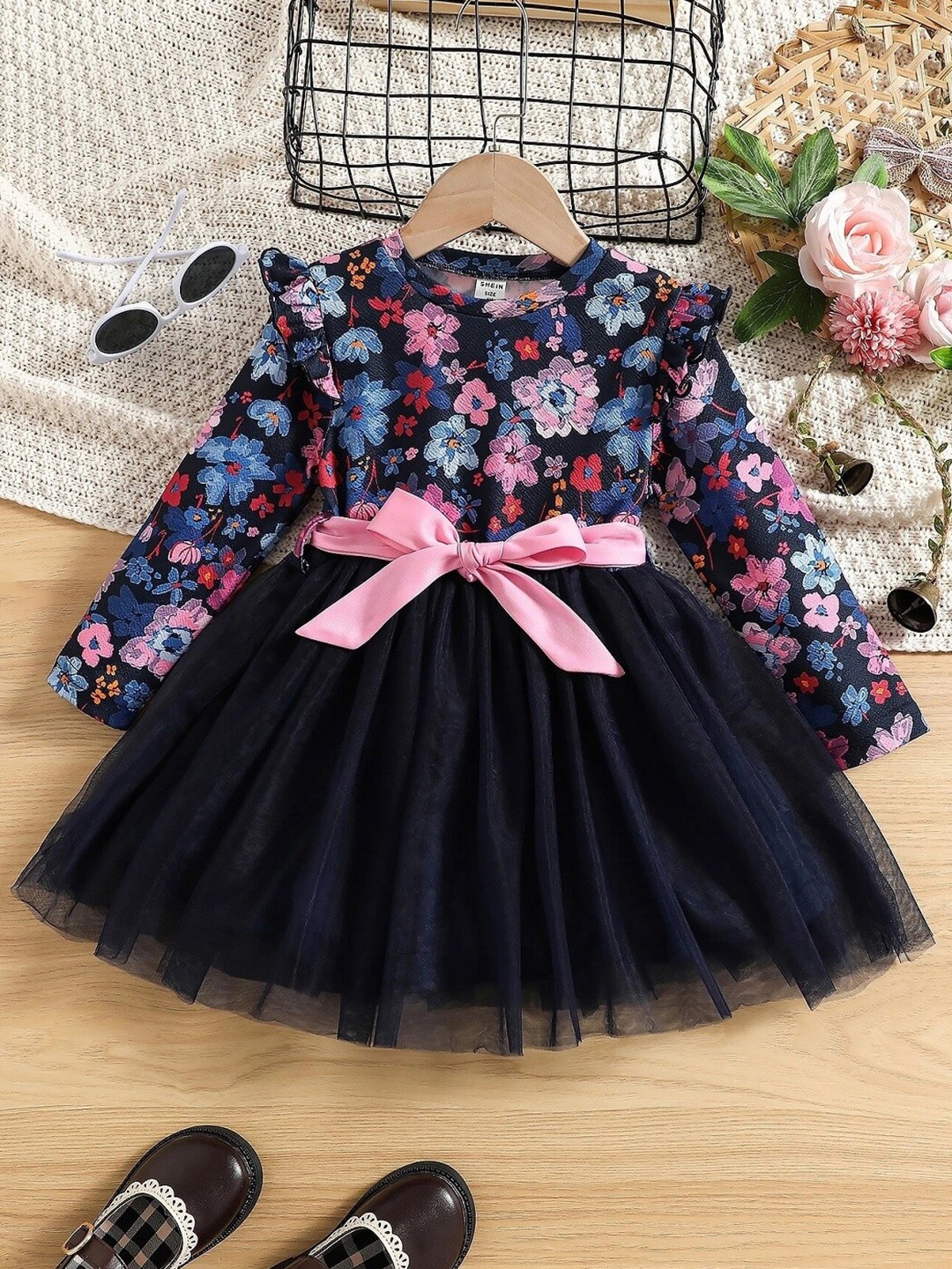 

BAESD Girls Floral Printed Gathered Detailed Fit & Flare Dress With Belt, Blue