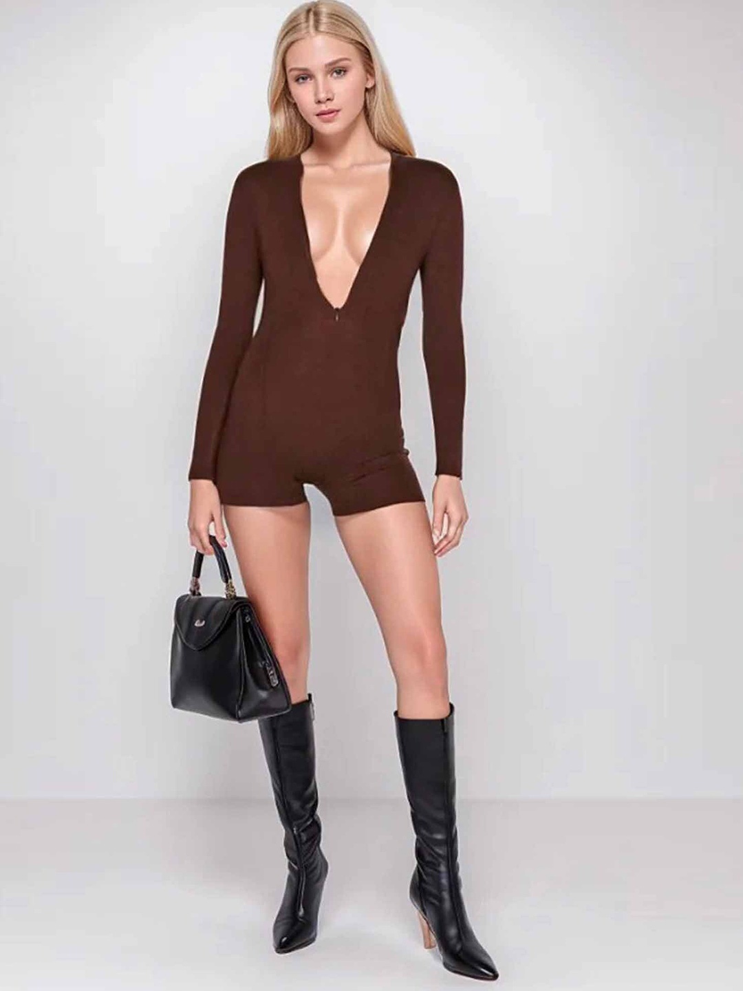 

LULU & SKY Long Sleeves Fitted Playsuit, Brown