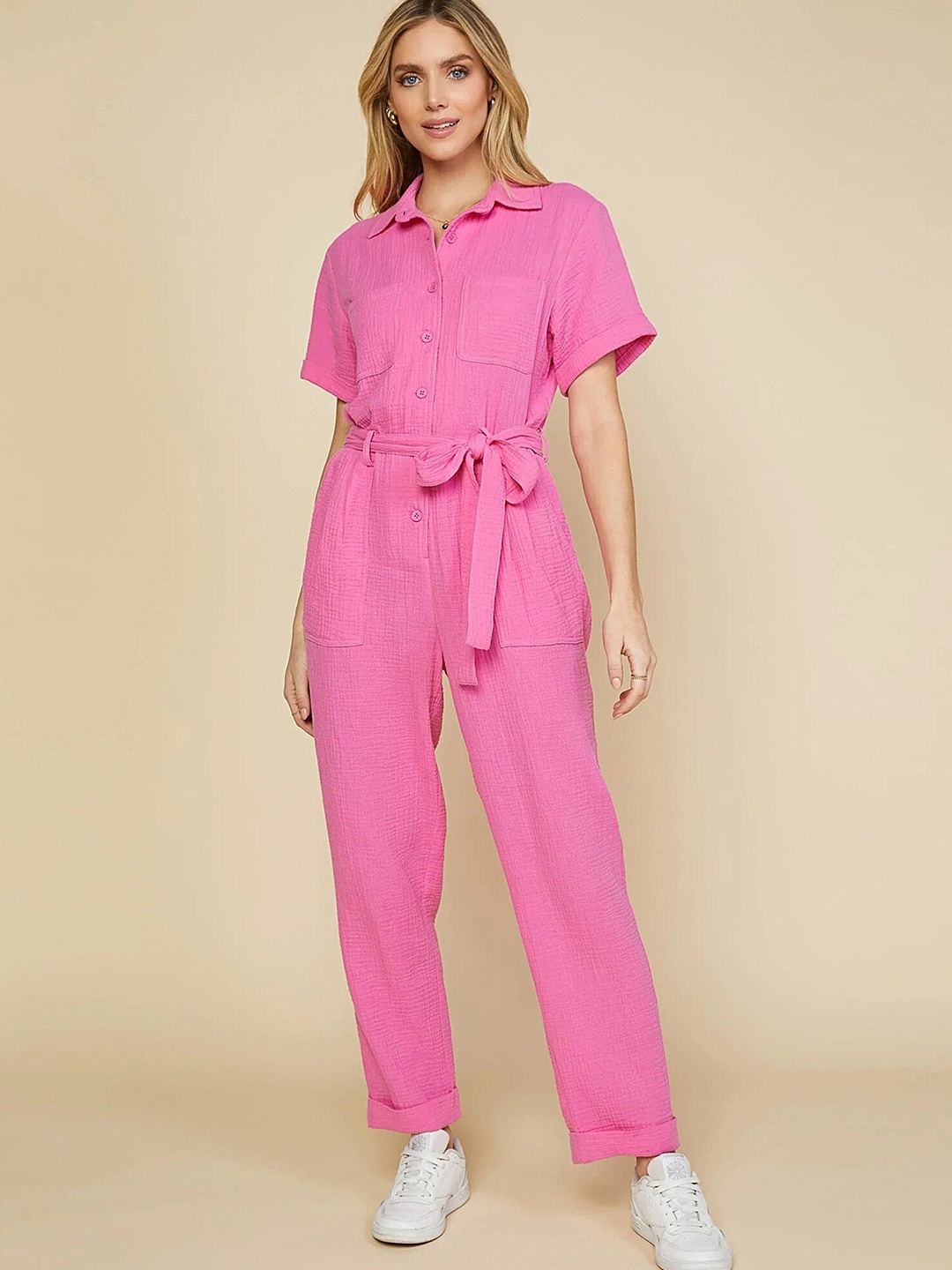 

LULU & SKY Shirt Collar Basic Jumpsuit, Peach