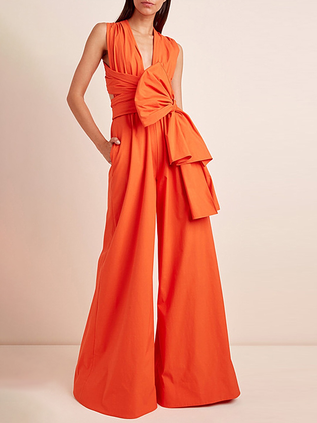 

LULU & SKY Sleeveless Bow Knot Basic Jumpsuit, Orange