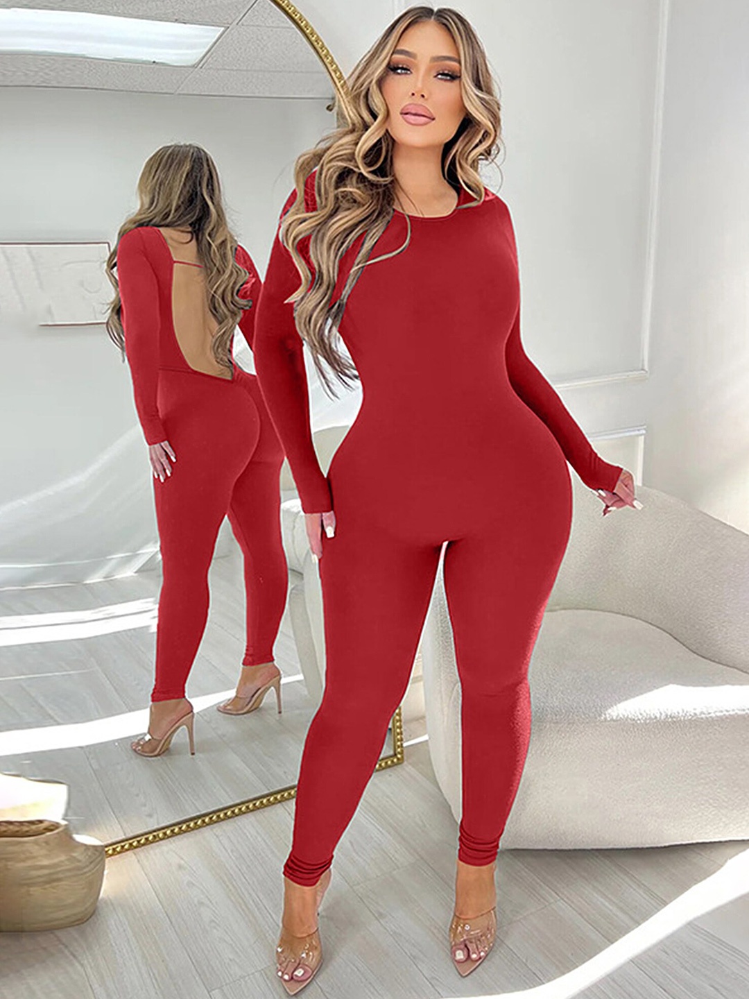 

LULU & SKY Round Neck Basic Jumpsuit, Red