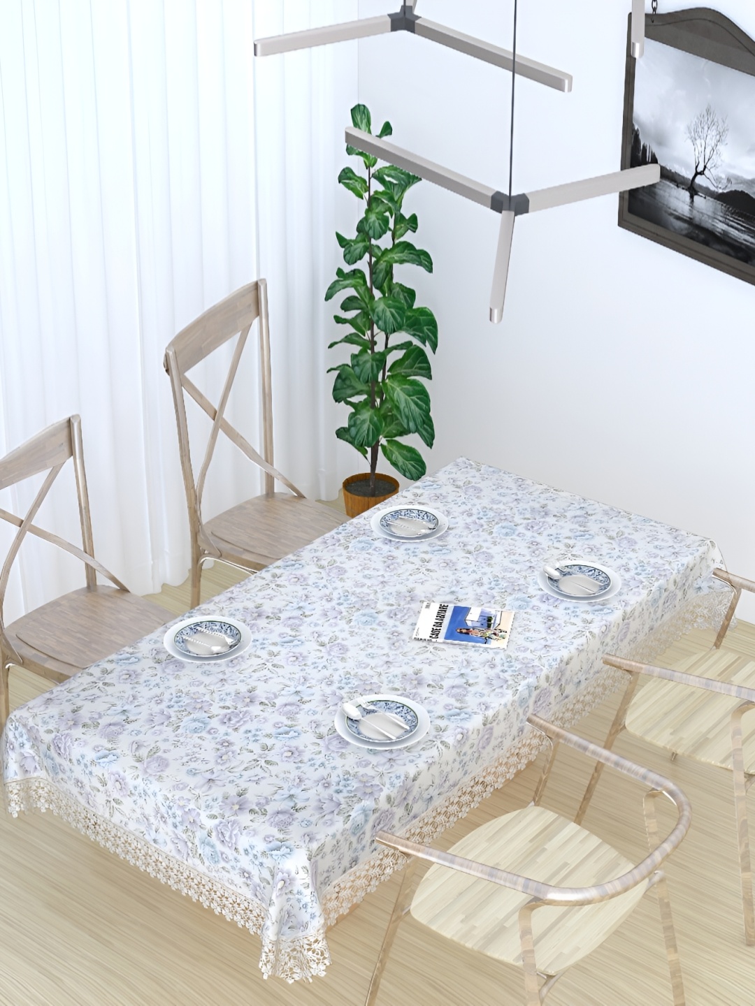 

MONKDECOR White Floral Printed Cotton 6-Seater Table Cover With Lace Details