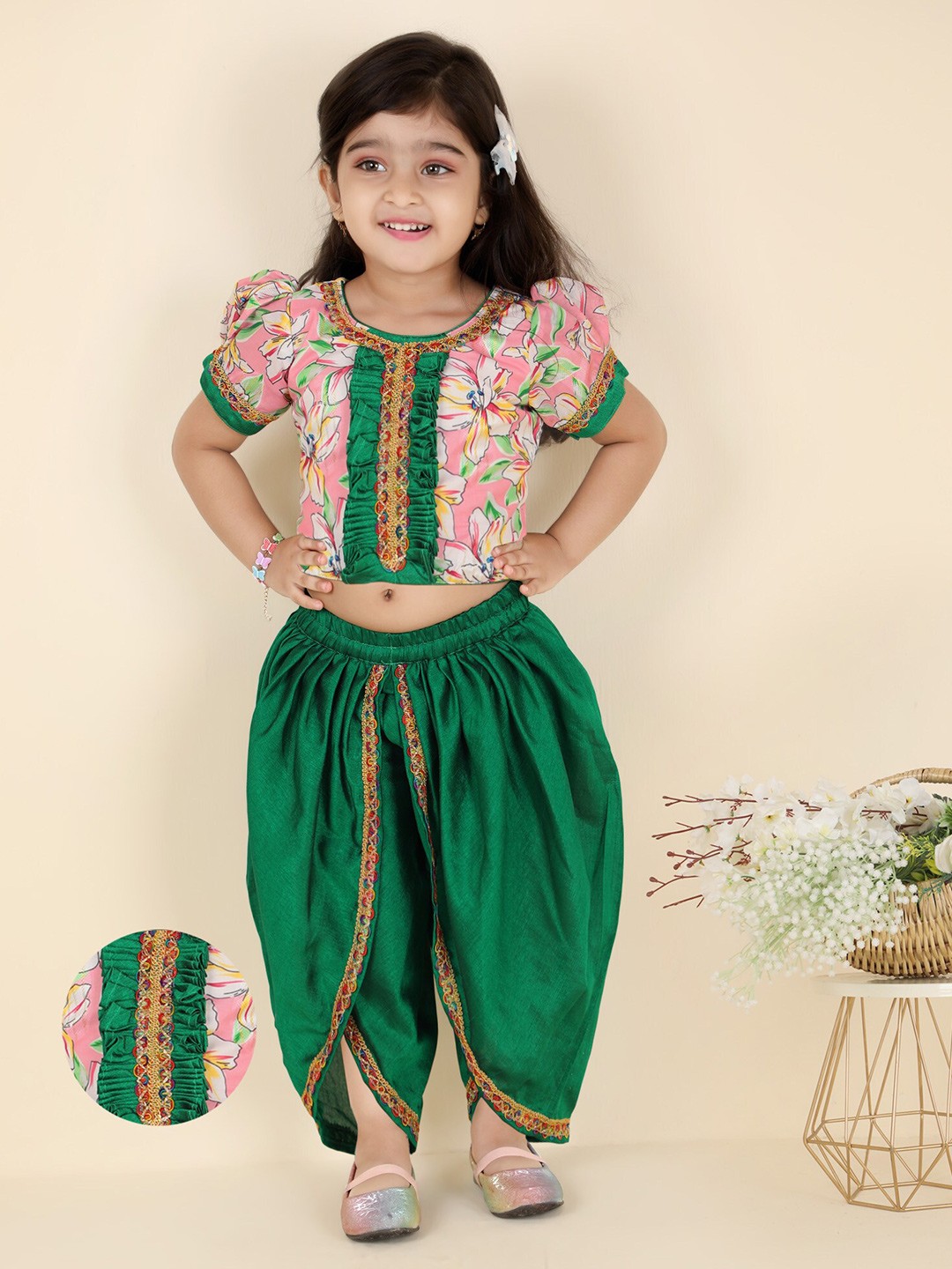 

KIDS FARM Girls Floral Printed Top With Dhoti Pants, Green