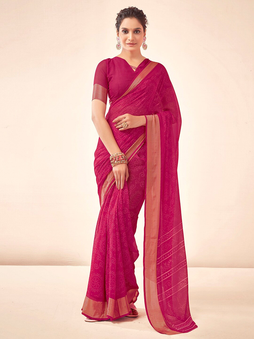 

Mitera Pink & Gold toned Bandhani Zari Bandhani Saree