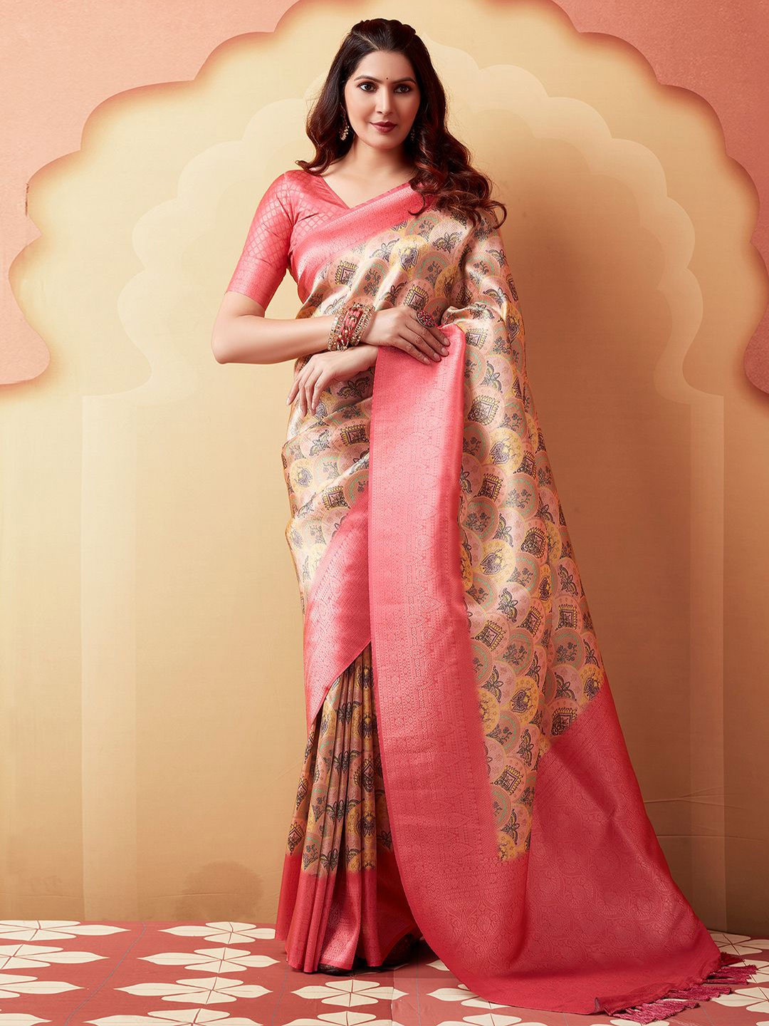 

Mitera Peach & Gold toned Ethnic Motifs Woven Design Zari Art Silk Banarasi Saree