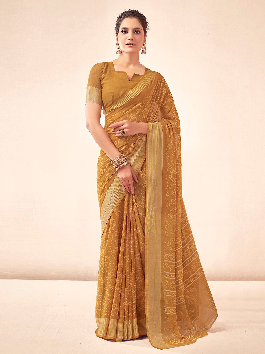 

Mitera Mustard & Gold toned Bandhani Zari Bandhani Saree