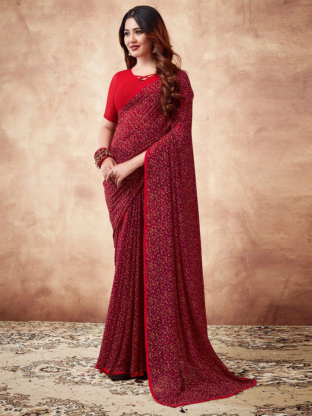 

Mitera Maroon & Orange Floral Printed Sungudi Saree