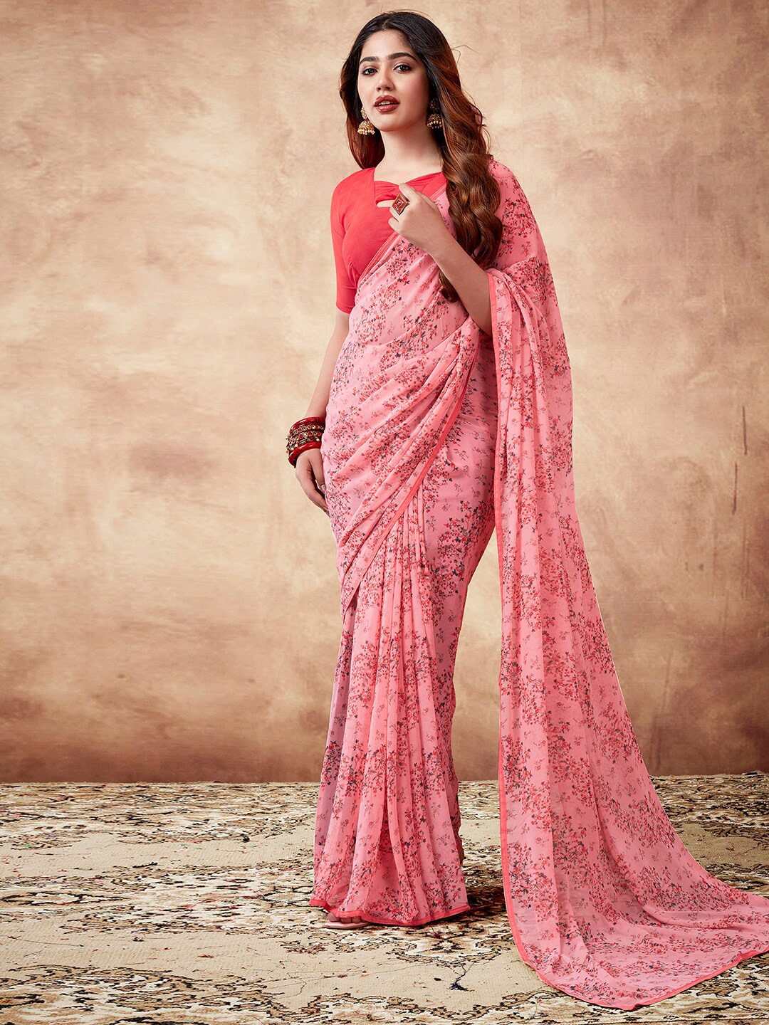

Mitera Peach & Blue Floral Printed Sungudi Saree