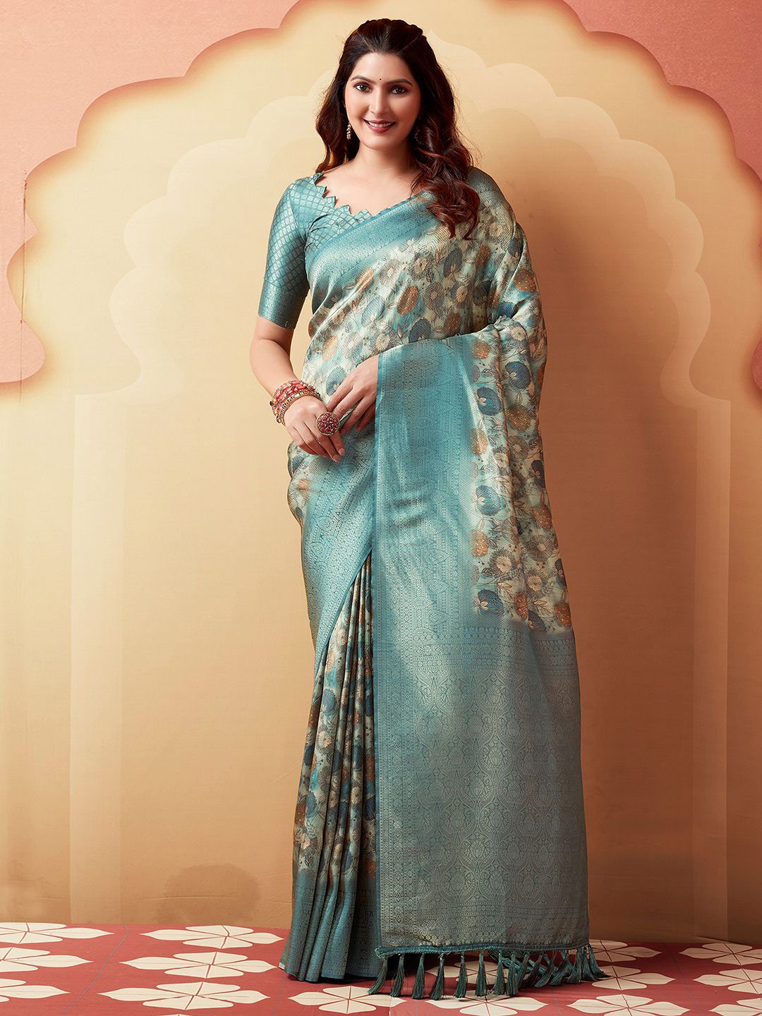 

Mitera Blue Ethnic Motifs Printed Zari Banarasi Saree