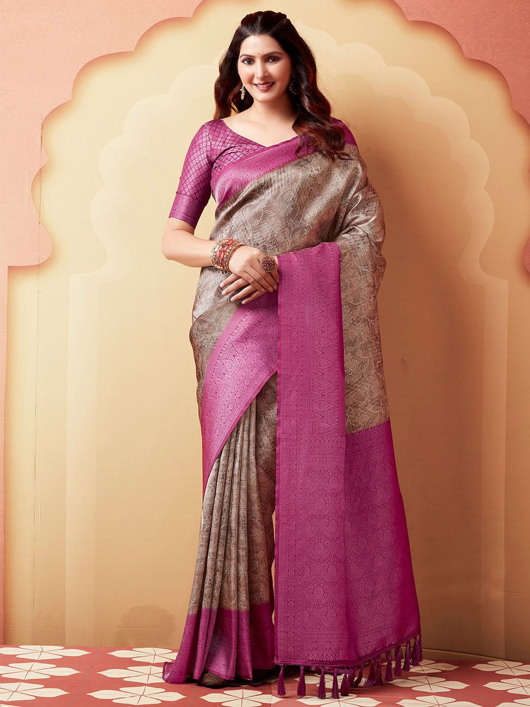 

Mitera Brown Floral Woven Design Zari Banarasi Saree