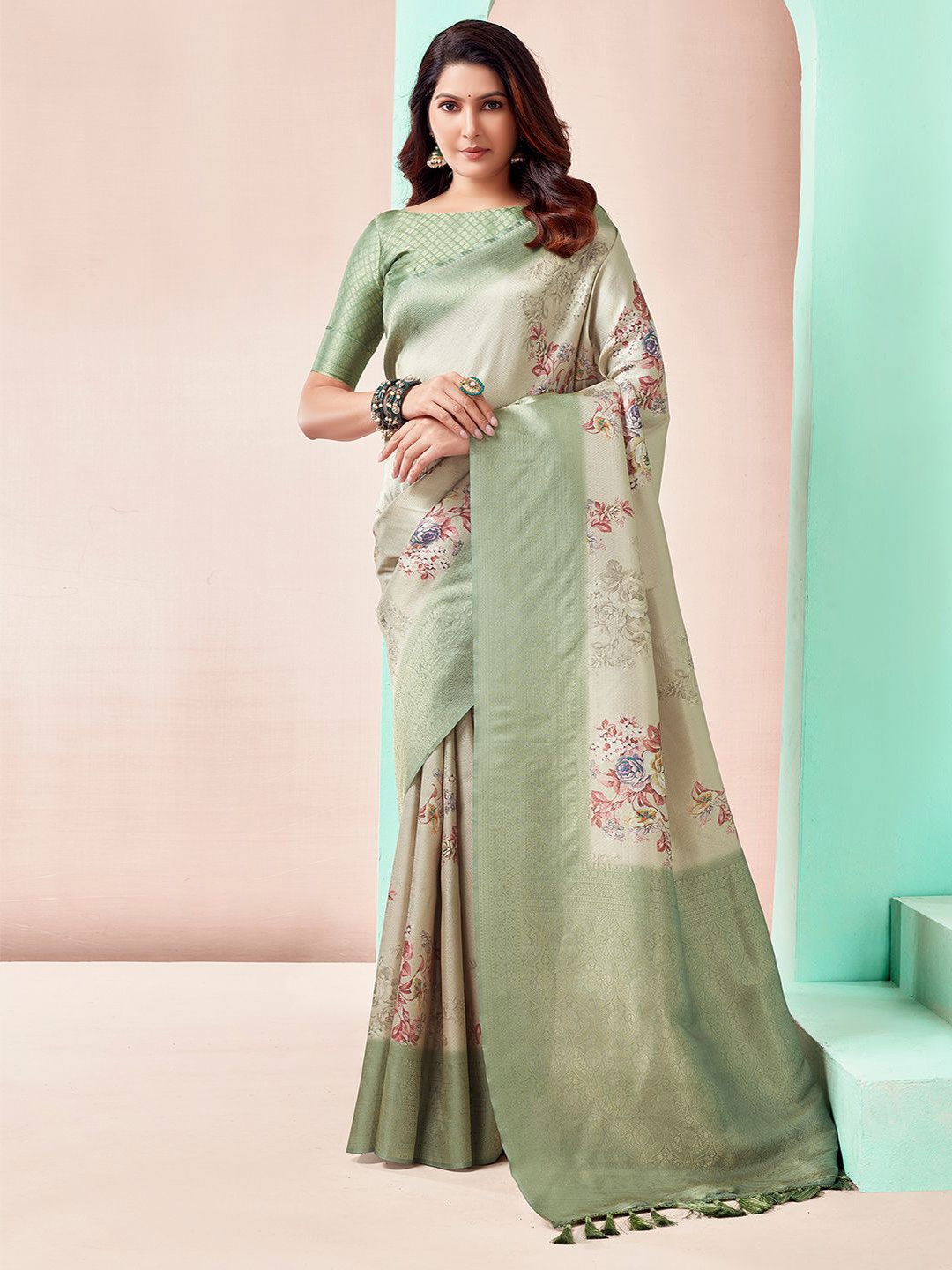 

Mitera Beige-Coloured Floral Printed Zari Banarasi Saree