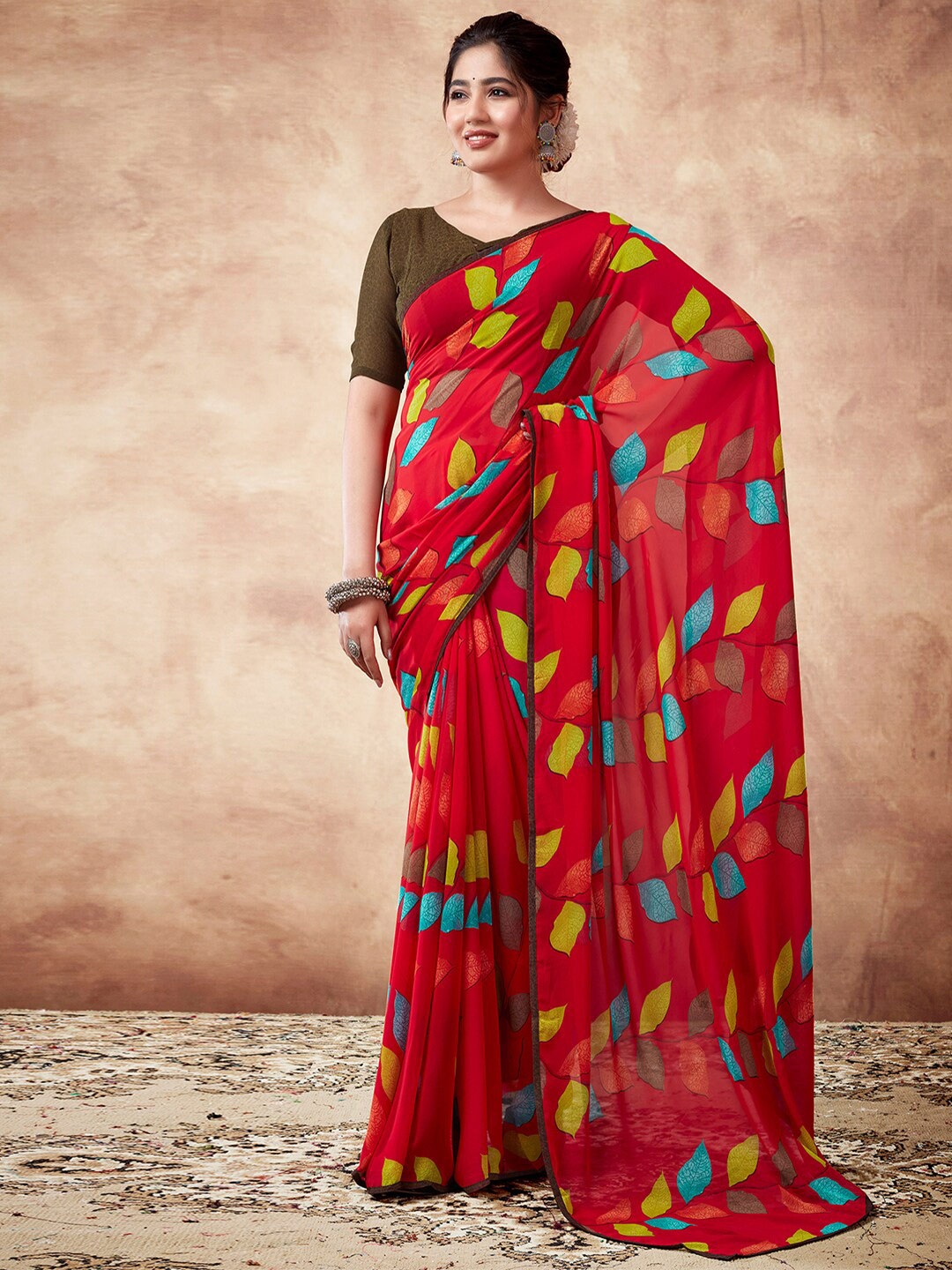 

Mitera Floral Printed Poly Georgette Sungudi Saree, Red