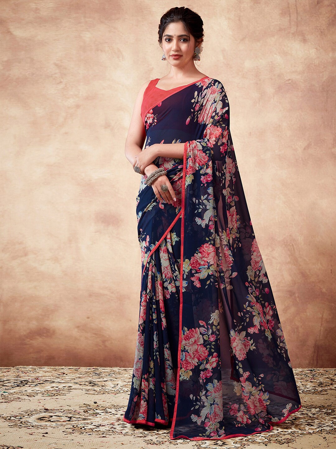 

Mitera Floral Printed Poly Georgette Sungudi Saree, Navy blue