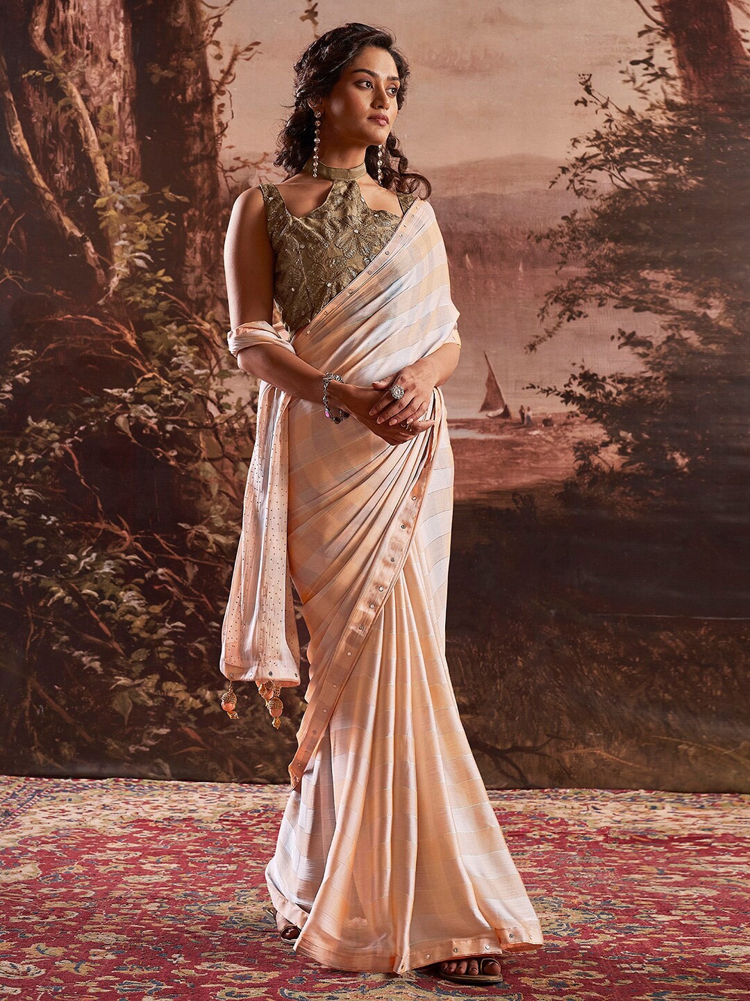 

Mitera Striped Mirror Work Poly Chiffon Saree, Peach