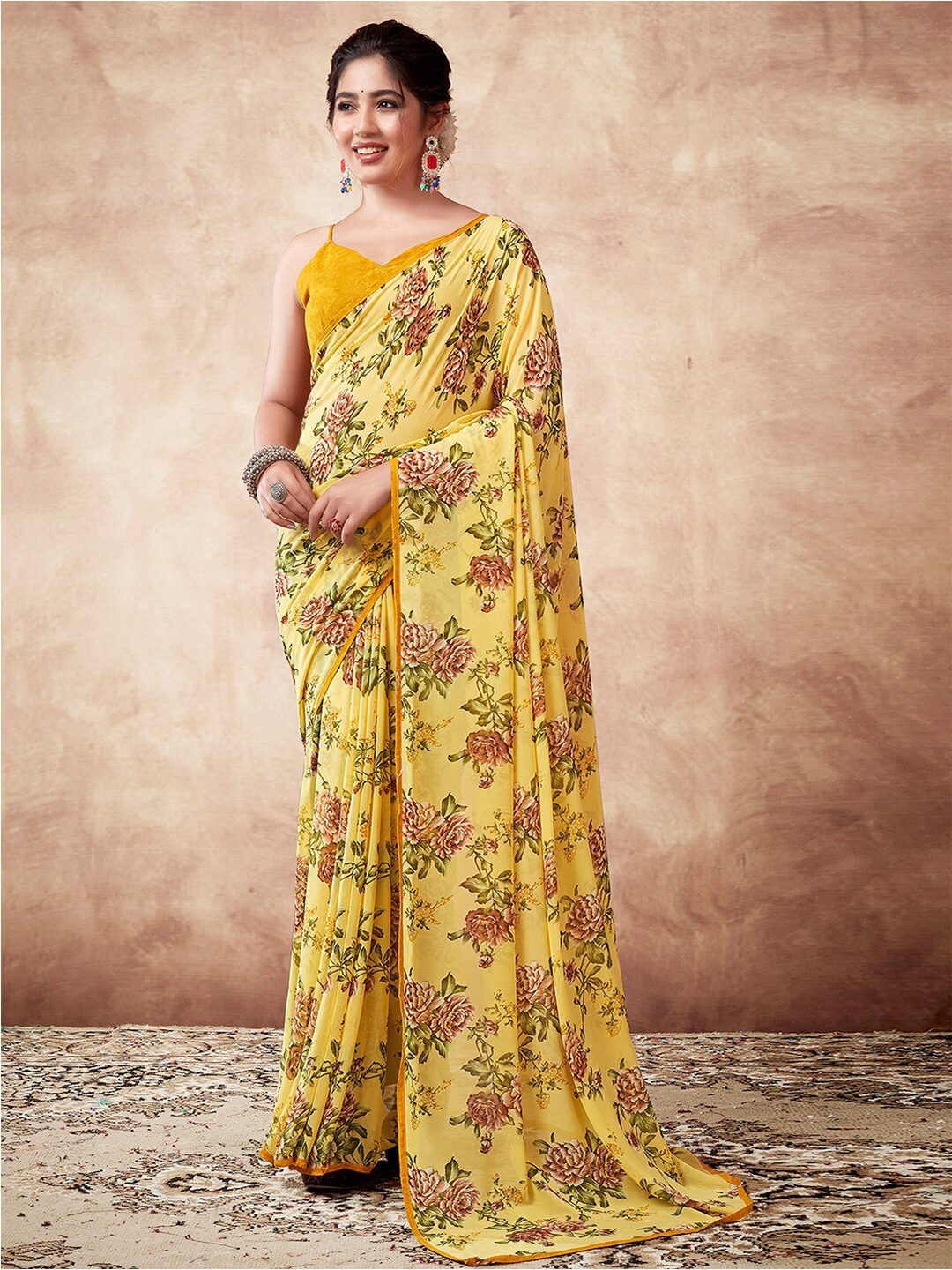 

Mitera Floral Printed Sungudi Saree, Yellow