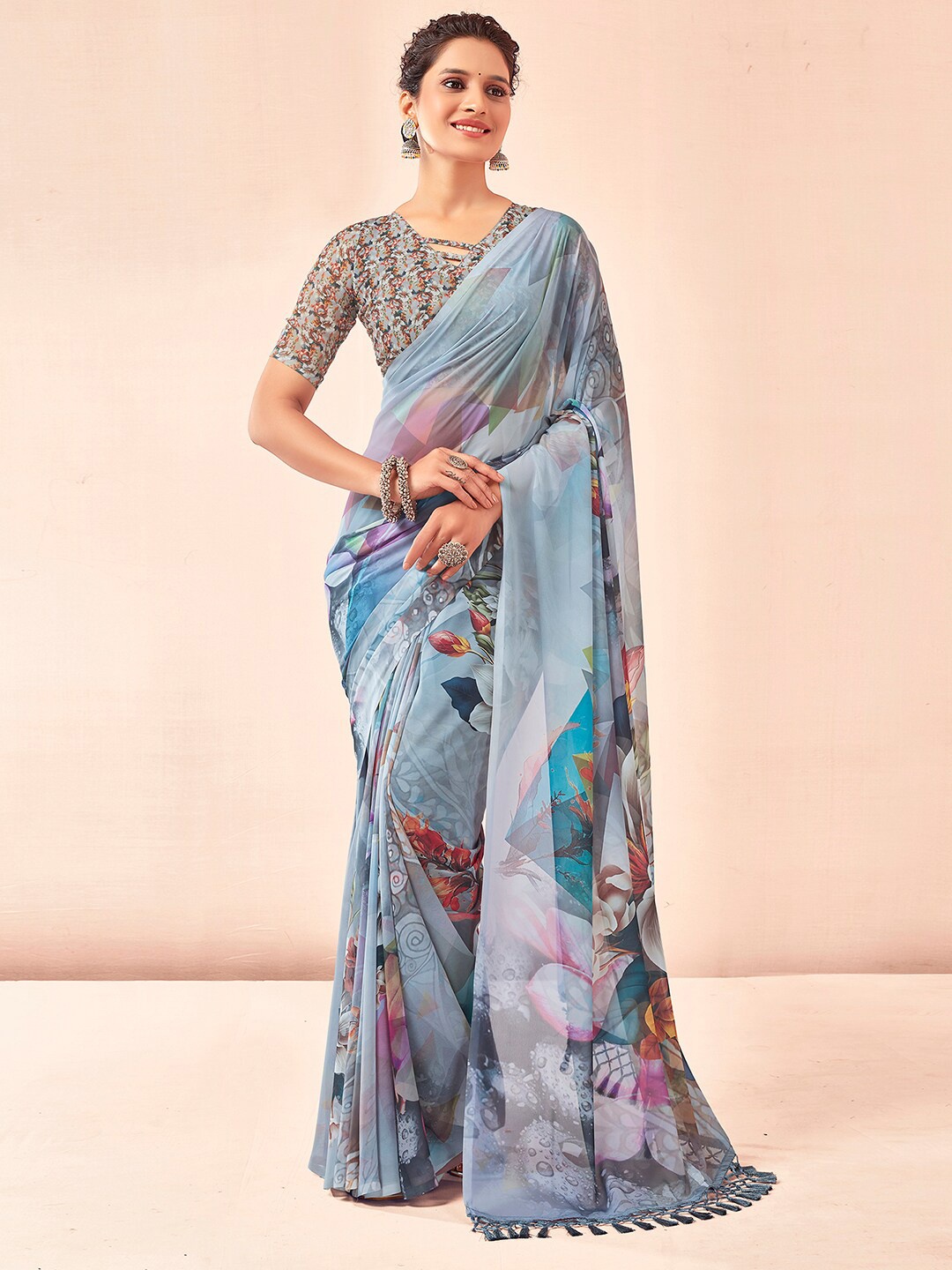 Mitera Floral Printed Fusion Maheshwari Saree, Red
