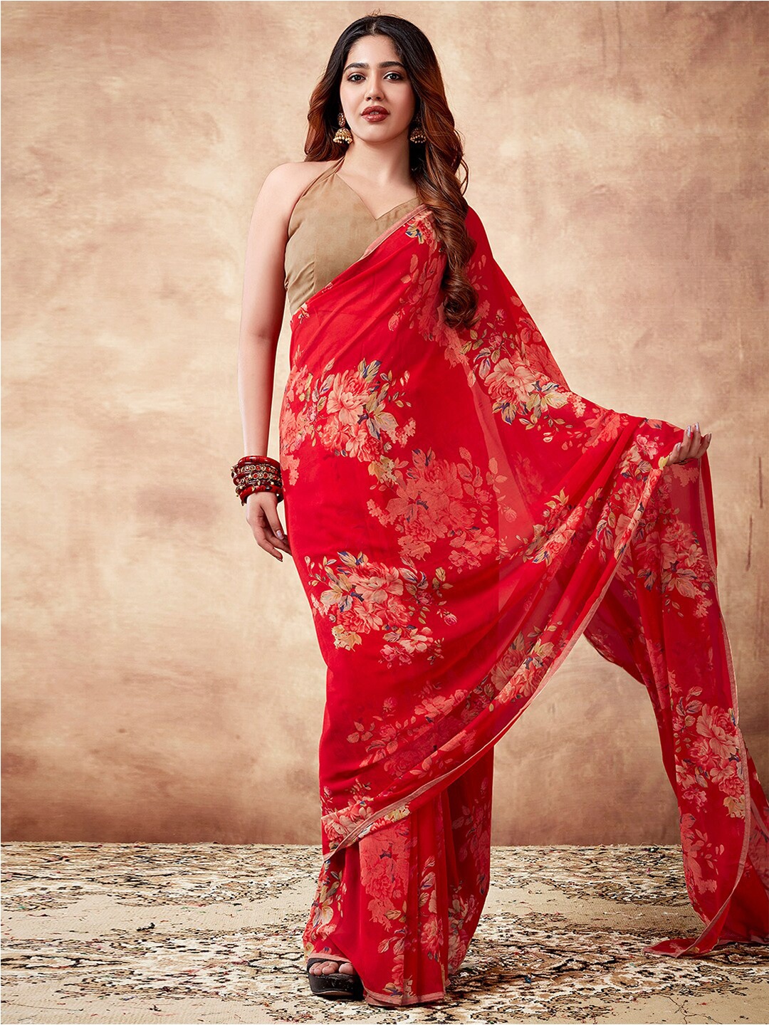 

Mitera Floral Printed Sungudi Saree, Red