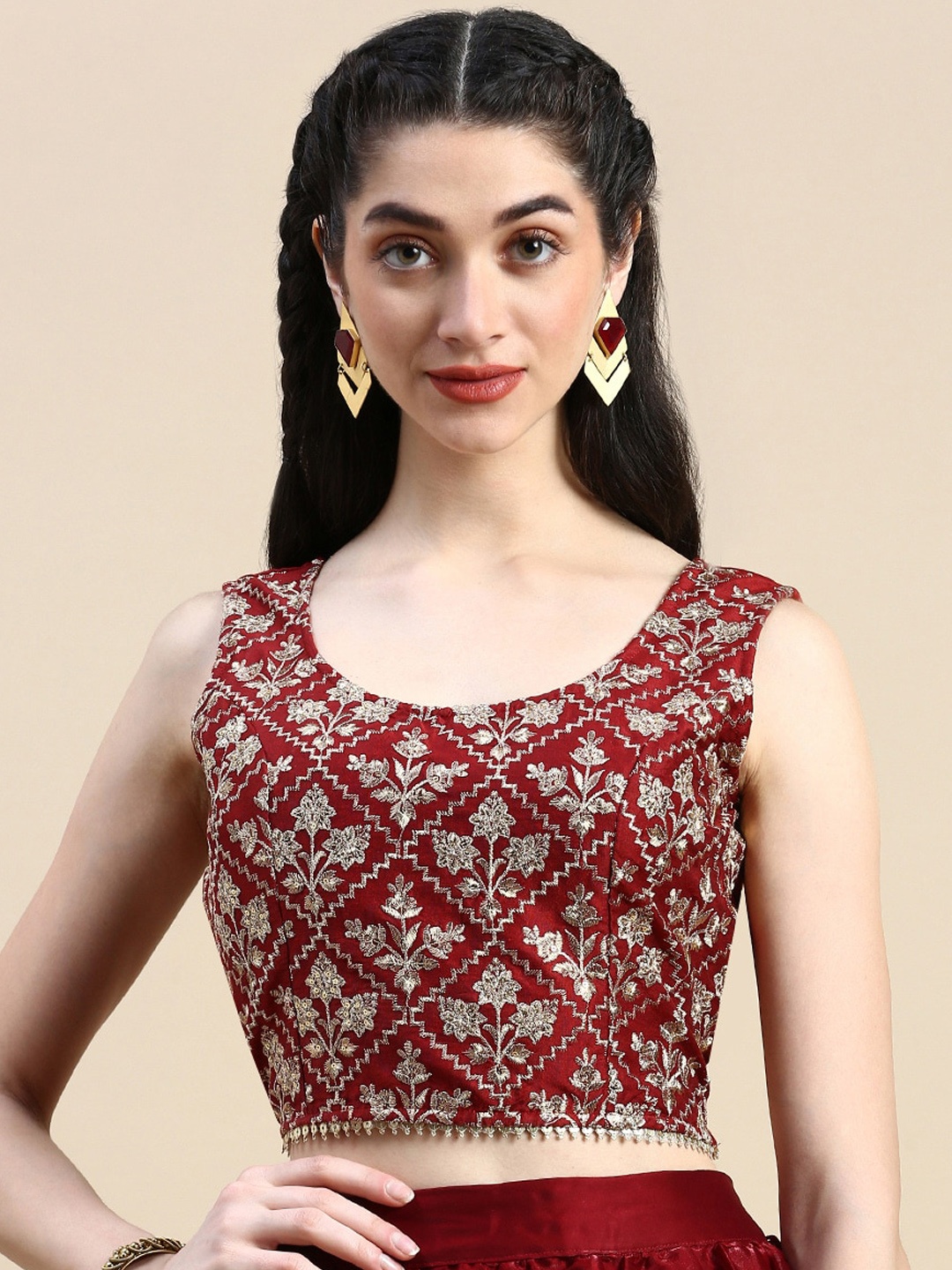 

De Moza Floral Embroidered Crop Top, Maroon