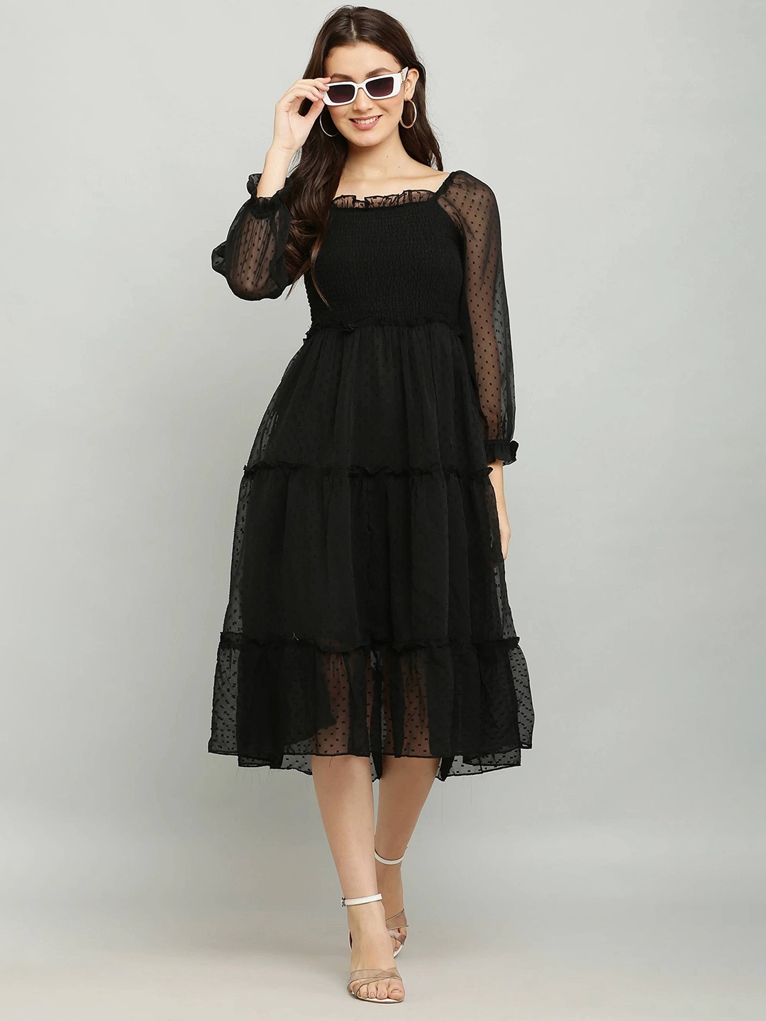 

DEKLOOK Puff Sleeve Georgette Fit & Flare Midi Dress, Black