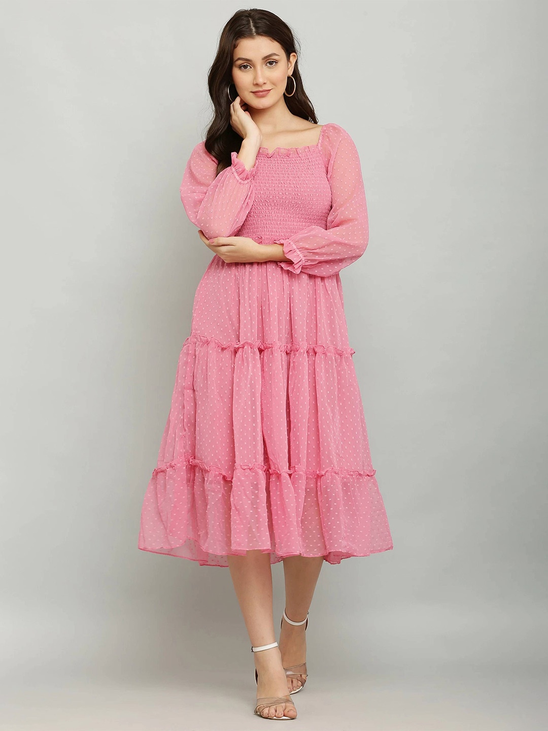 

DEKLOOK Puff Sleeve Fit & Flare Midi Dress, Pink