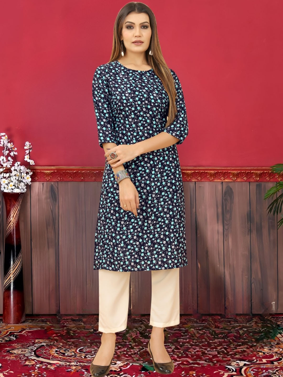 

MAGMINA Polka Printed Three-Quarter Sleeves Crepe Kurta, Blue