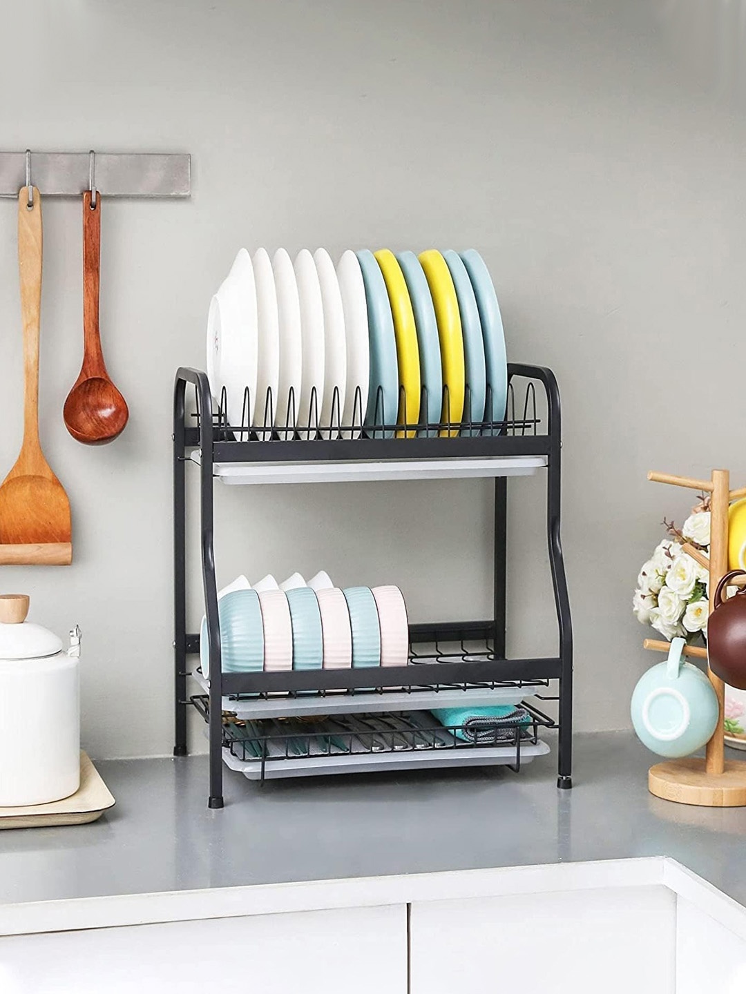 

Kuber Industries Black 2 Layer Stainless Steel Dish Rack KItchen Tools