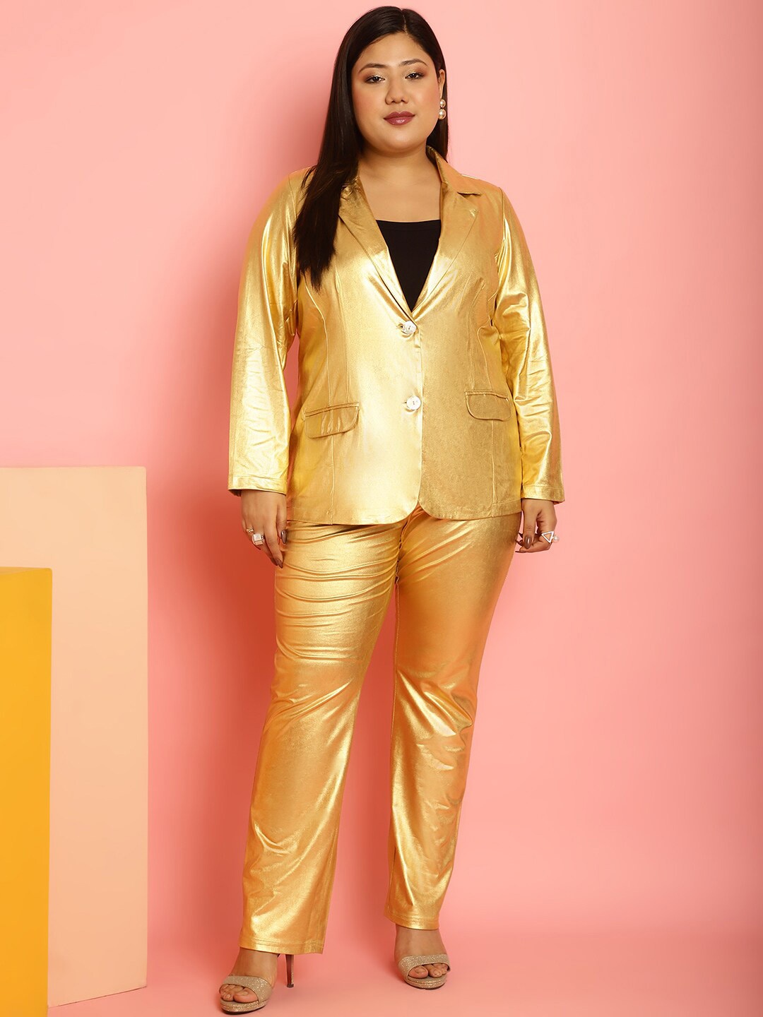 

theRebelinme Plus Size Notched Lapel Collar Coat With Trousers, Gold