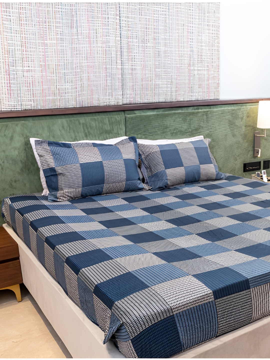 

Chann Studio Blue Checked Microfiber 300 TC King Bedsheet With 2 Pillow Covers