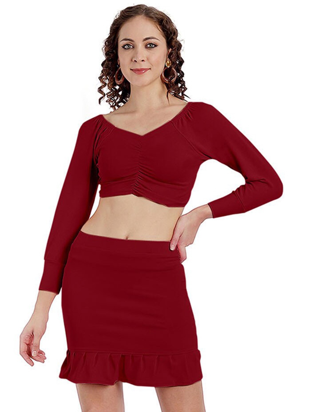 

BAESD V-Neck Crop Top With Mini Skirt, Maroon