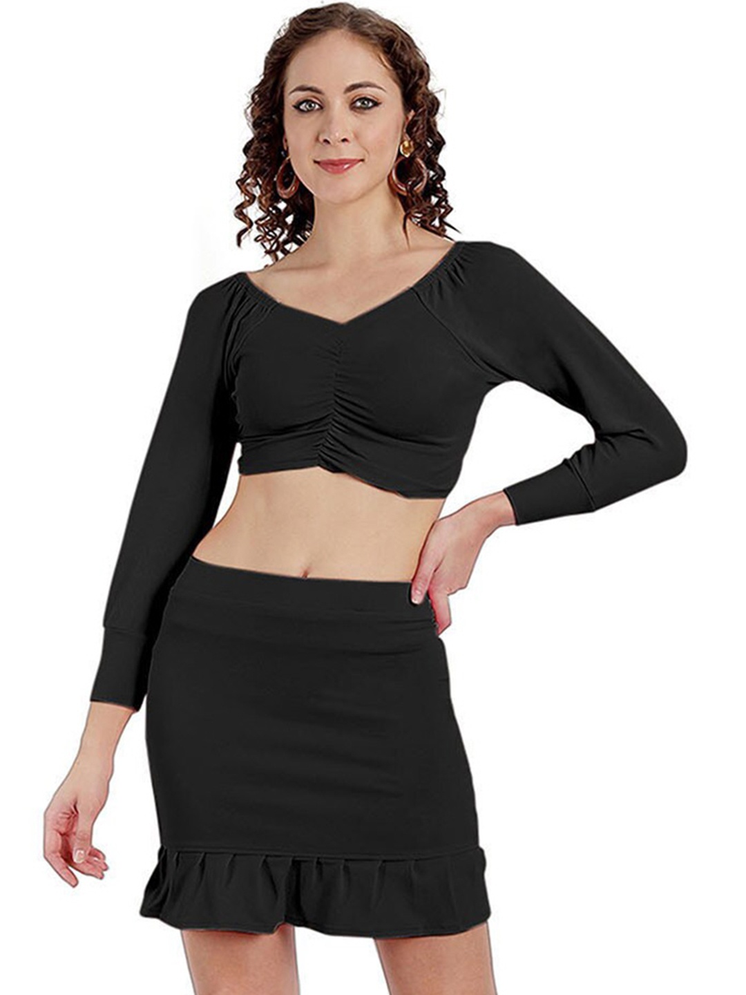 

BAESD V-Neck Crop Top With Mini Skirt, Black